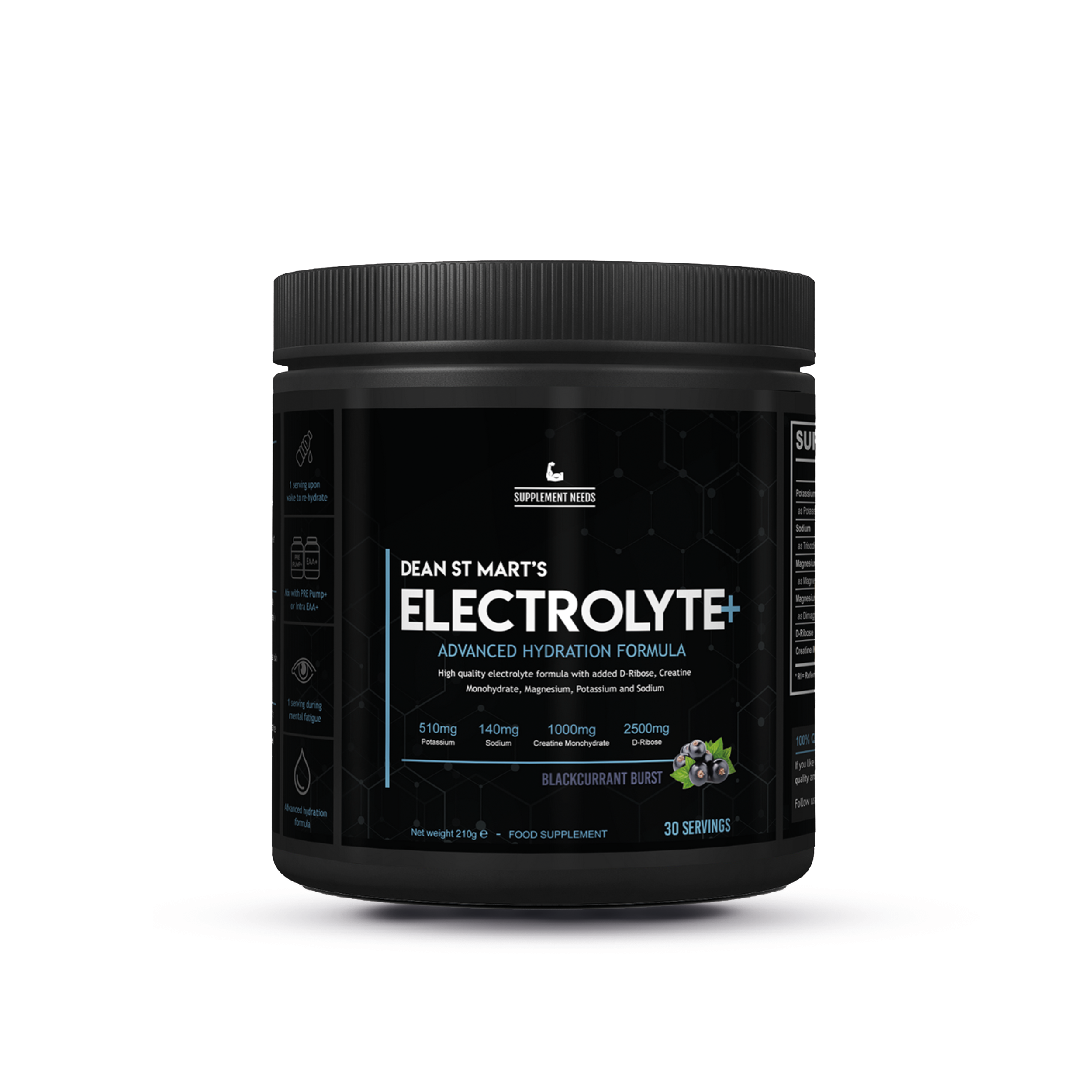 Supplement Needs Electrolyte+ Blackcurrant Burst met 30 servings in zwarte pot met zwarte bessen op label