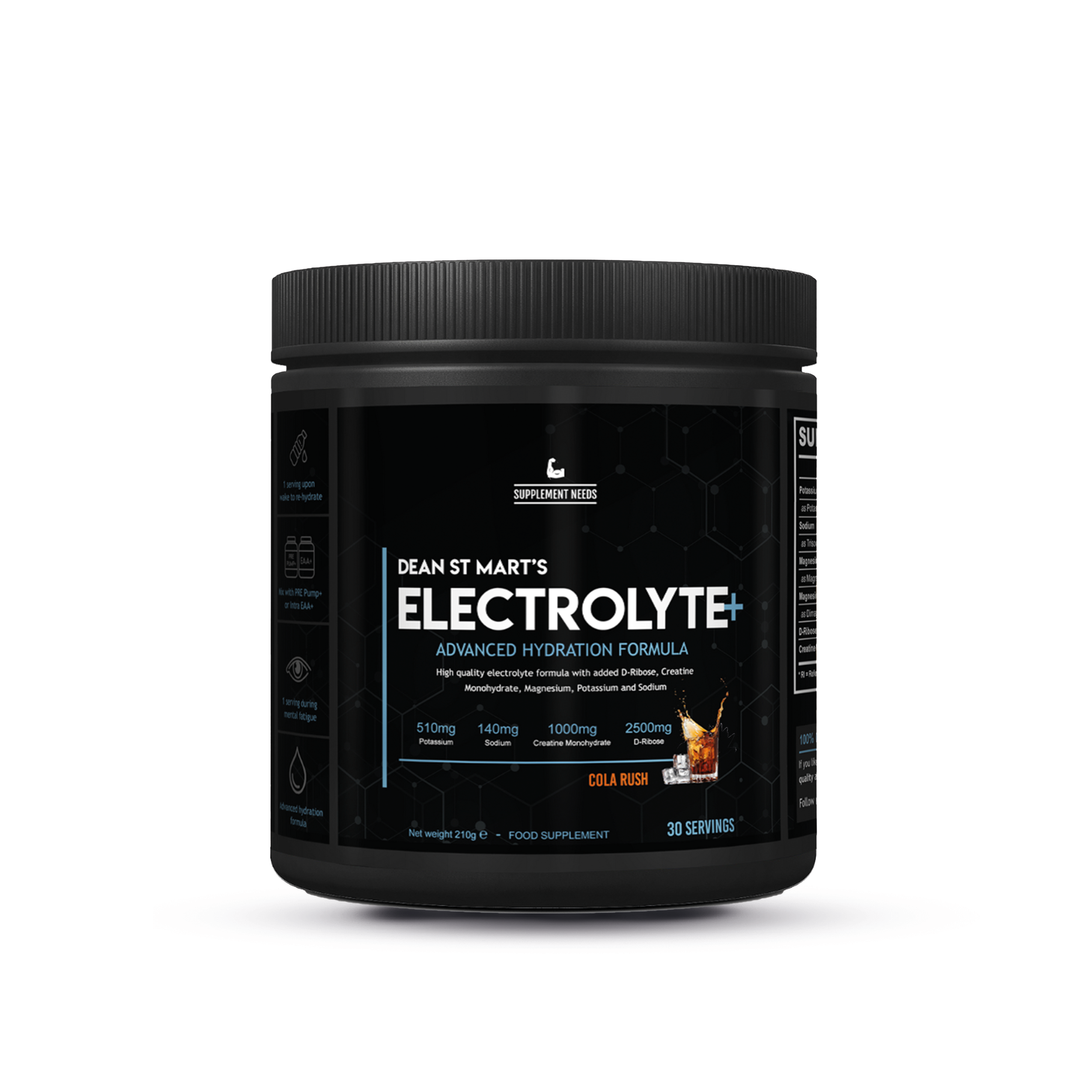 Supplement Needs Electrolyte+ Cola Rush met 30 servings in zwarte pot met glas cola en ijs op label