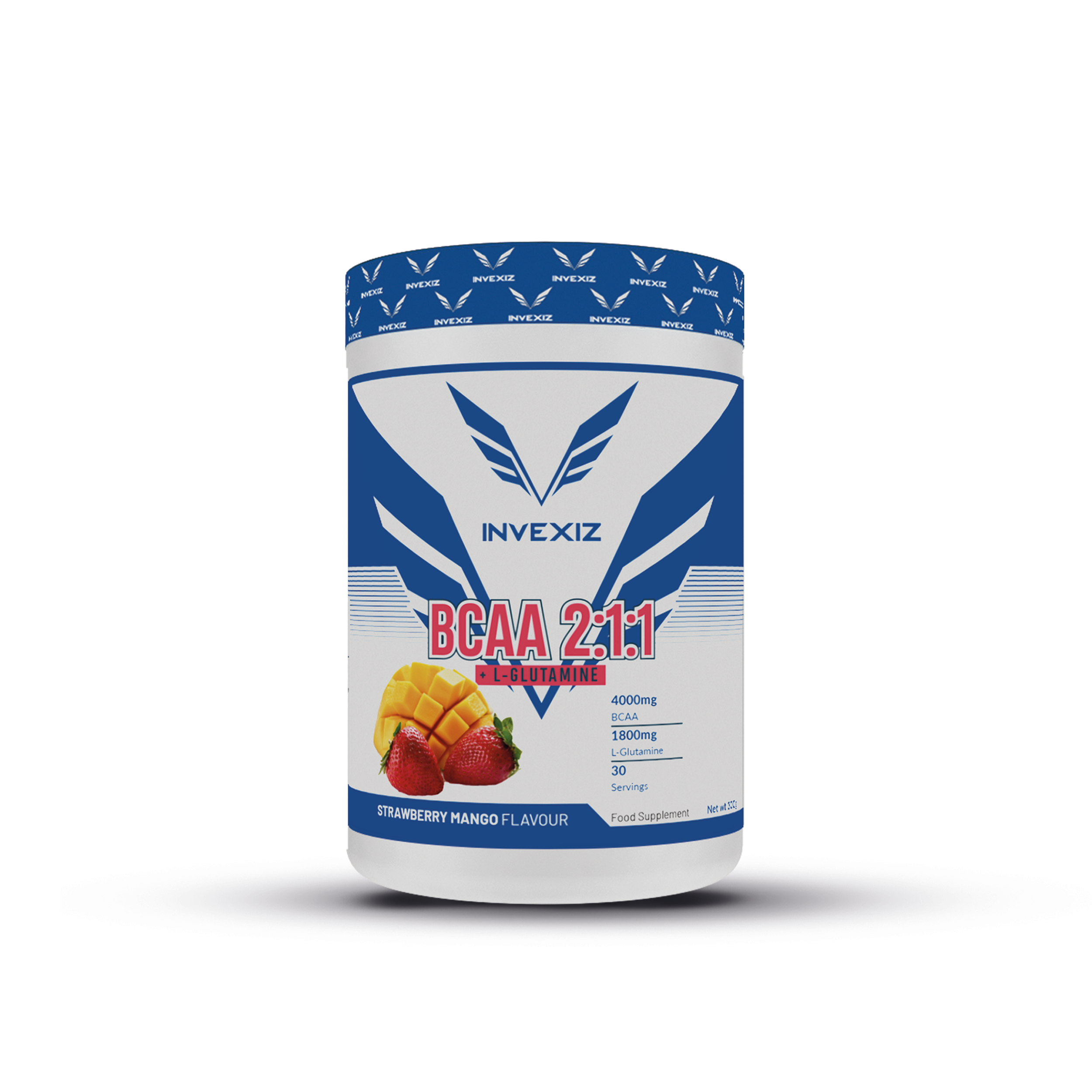 INVEXIZ BCAA 2:1:1 met L-Glutamine in Strawberry Mango smaak van 300 gram met aardbei- en mangoafbeelding op de verpakking.