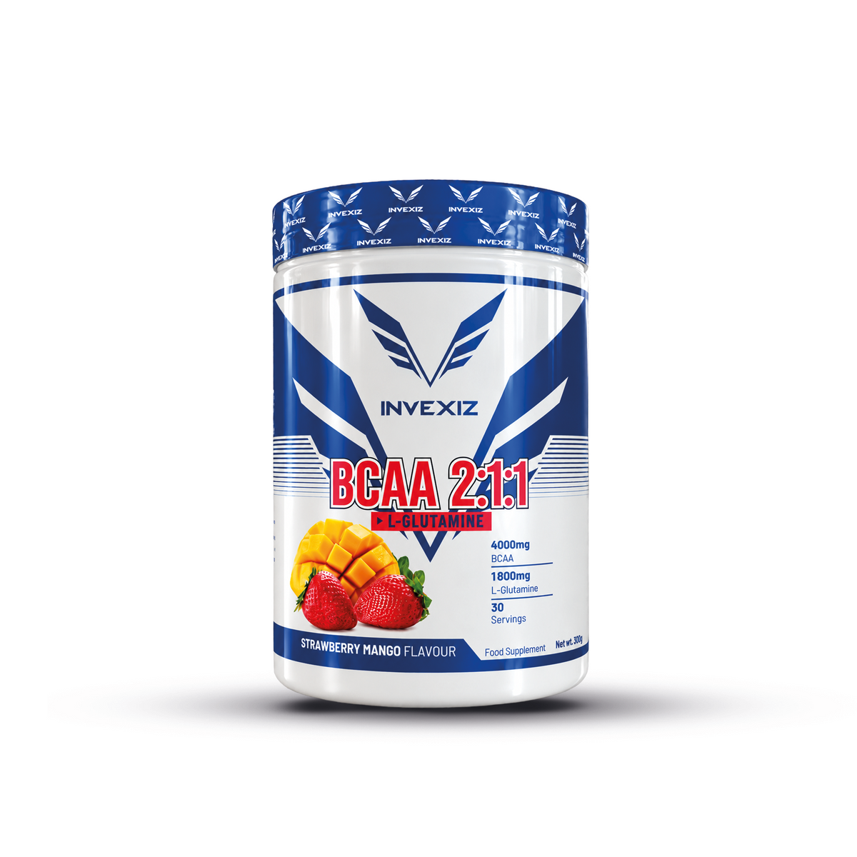 Witte pot INVEXIZ BCAA 2:1:1 + L-Glutamine 300 gram in de smaak Strawberry Mango, met aardbeien en mango op het blauw-witte etiket en blauwe sealing.