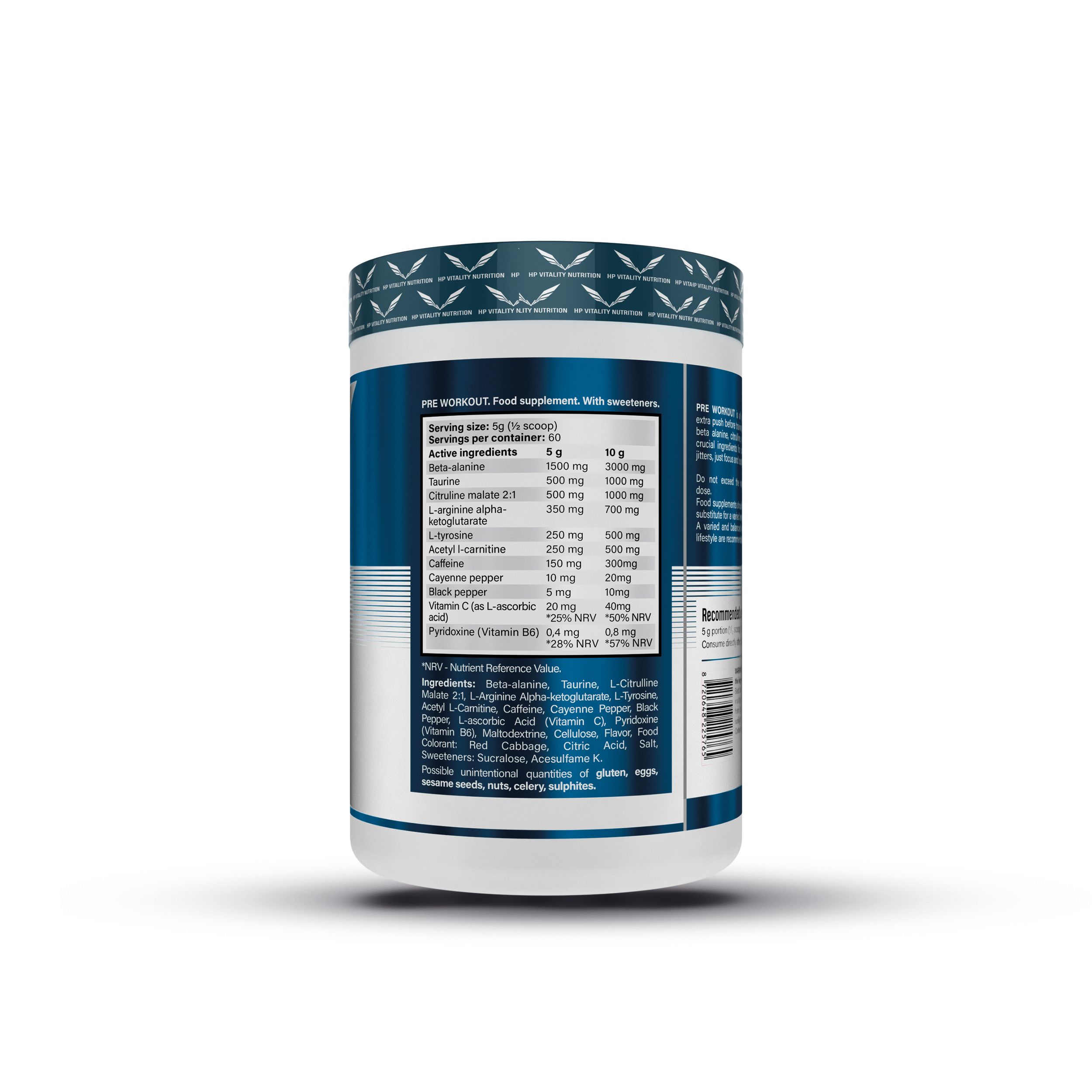 Achterzijde van de INVEXIZ Pre Workout 300 gram verpakking met supplement facts, ingrediënten en gebruiksinformatie.