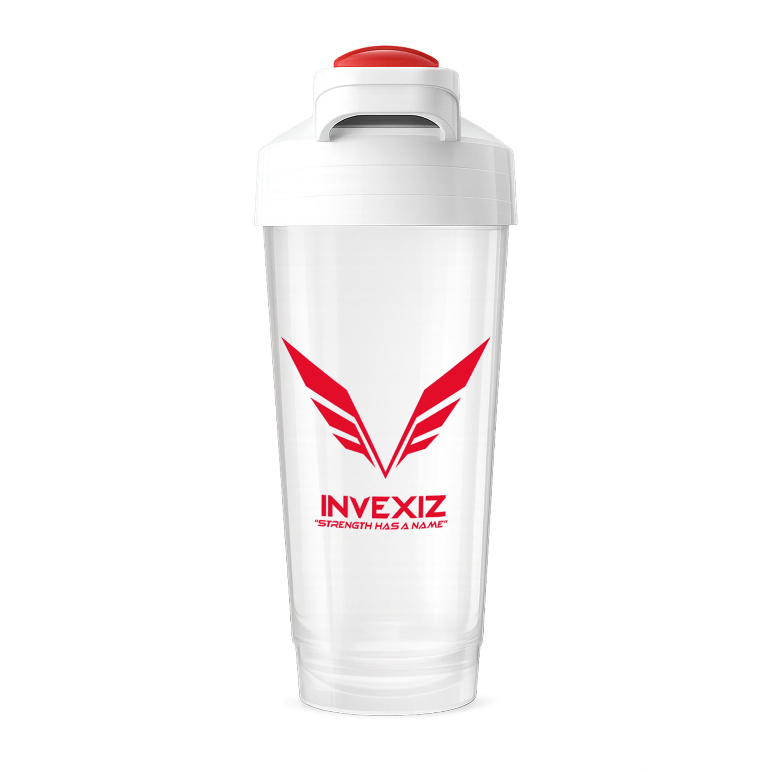Transparante INVEXIZ shaker met rood logo en witte dop op lichte achtergrond, voorkant weergegeven.