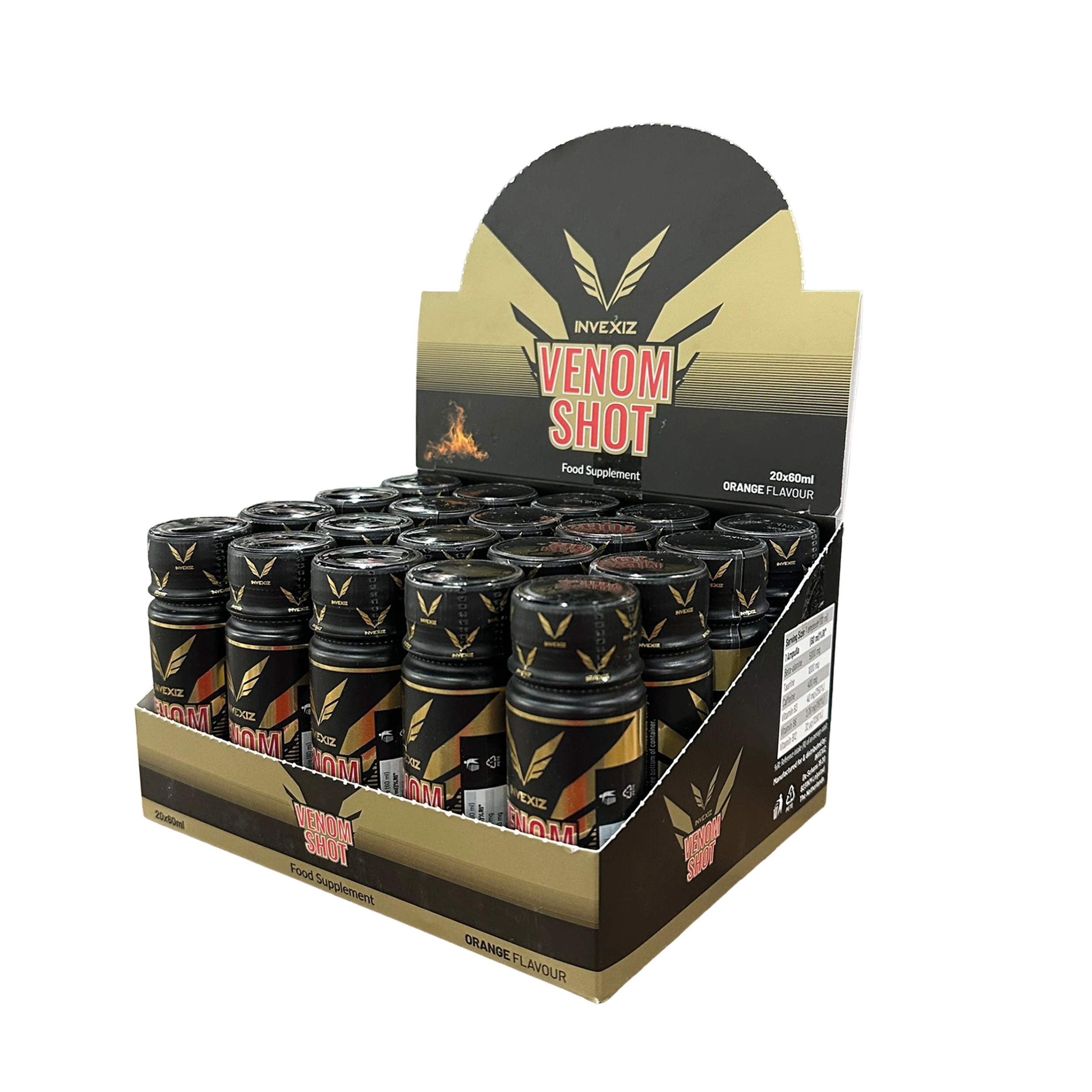 Open displaybox met INVEXIZ Venom Shot Orange Flavour pre-workout shots van 20x60ml in zwarte en gouden verpakking.