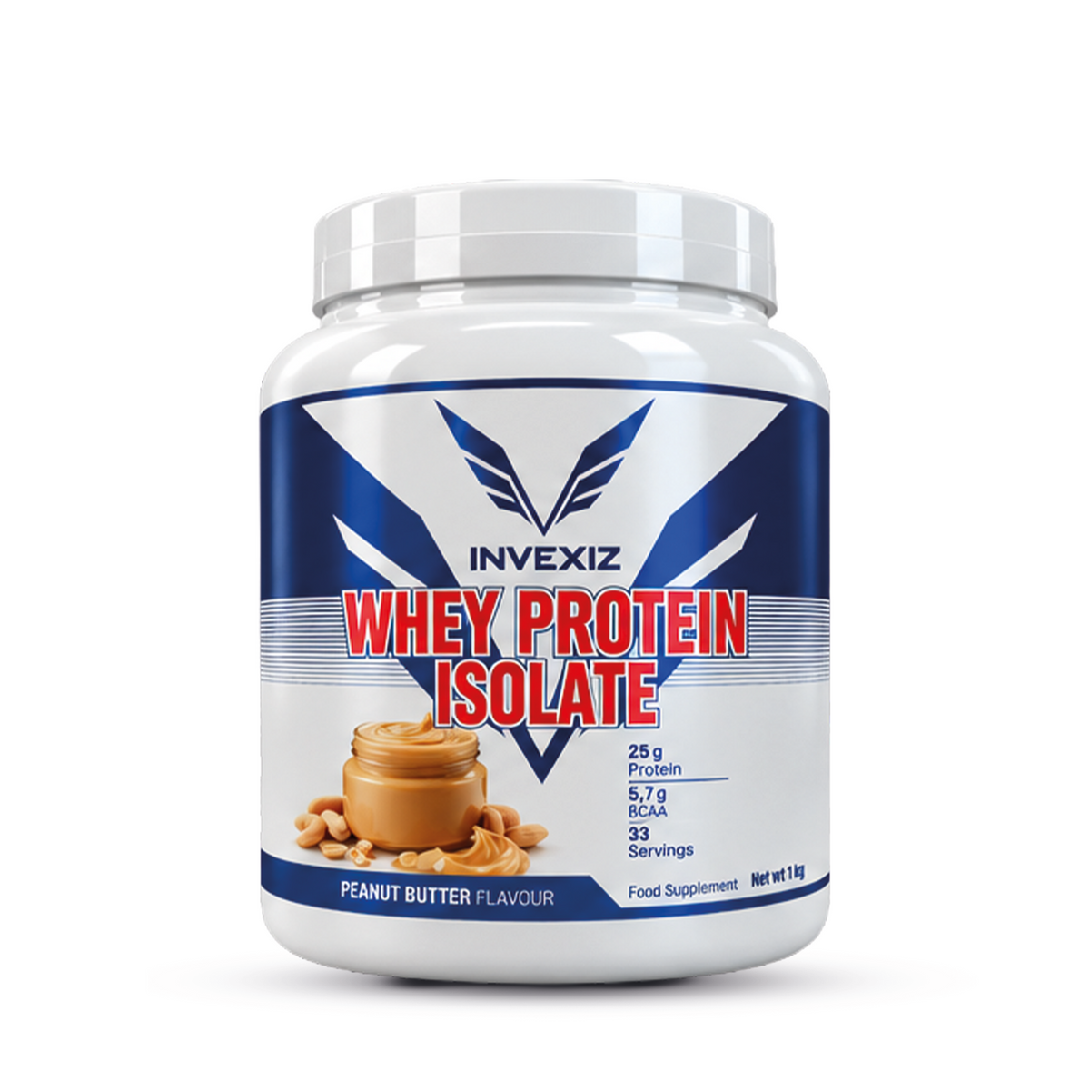 Witte pot INVEXIZ Whey Protein Isolate 1 kg in de smaak Peanut Butter, met blauw-wit etiket, rood opschrift en een potje pindakaas met pinda's.