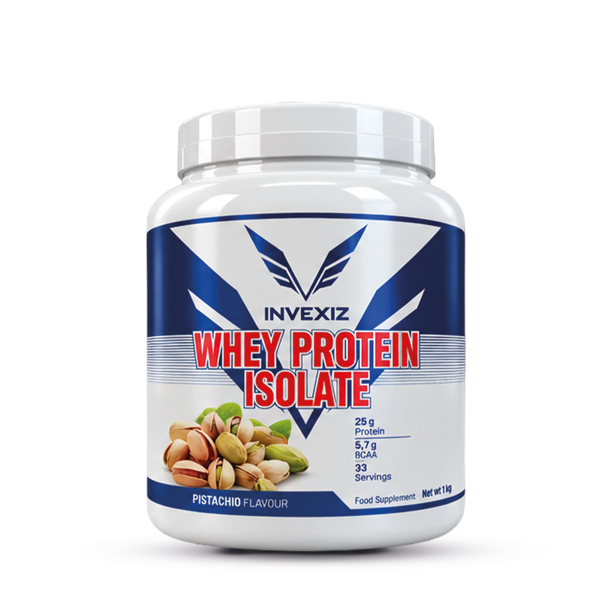 Witte pot INVEXIZ Whey Protein Isolate 1 kg in de smaak Pistachio, met blauw-wit etiket, rood opschrift en een afbeelding van pistachenoten.