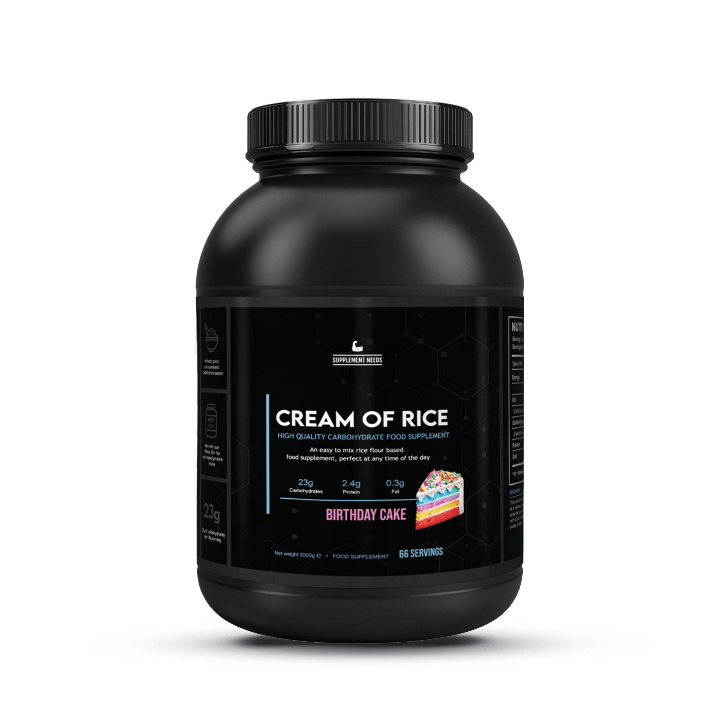 Grote pot Supplement Needs Cream of Rice in de smaak Birthday Cake met kleurrijke taartafbeelding op zwart label.