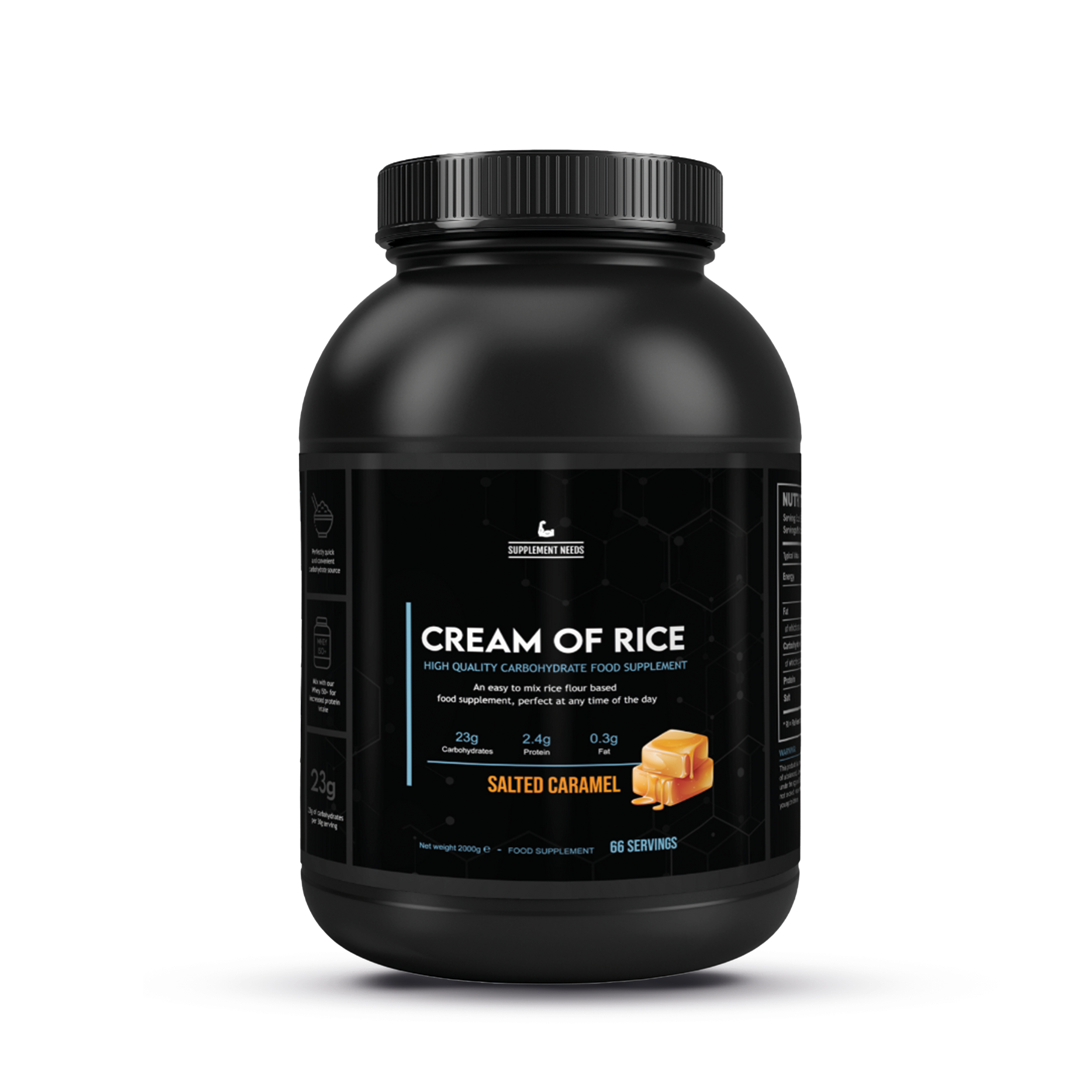 Pot Cream of Rice van Supplement Needs met Salted Caramel smaak en karamelblokjes op het zwarte label.