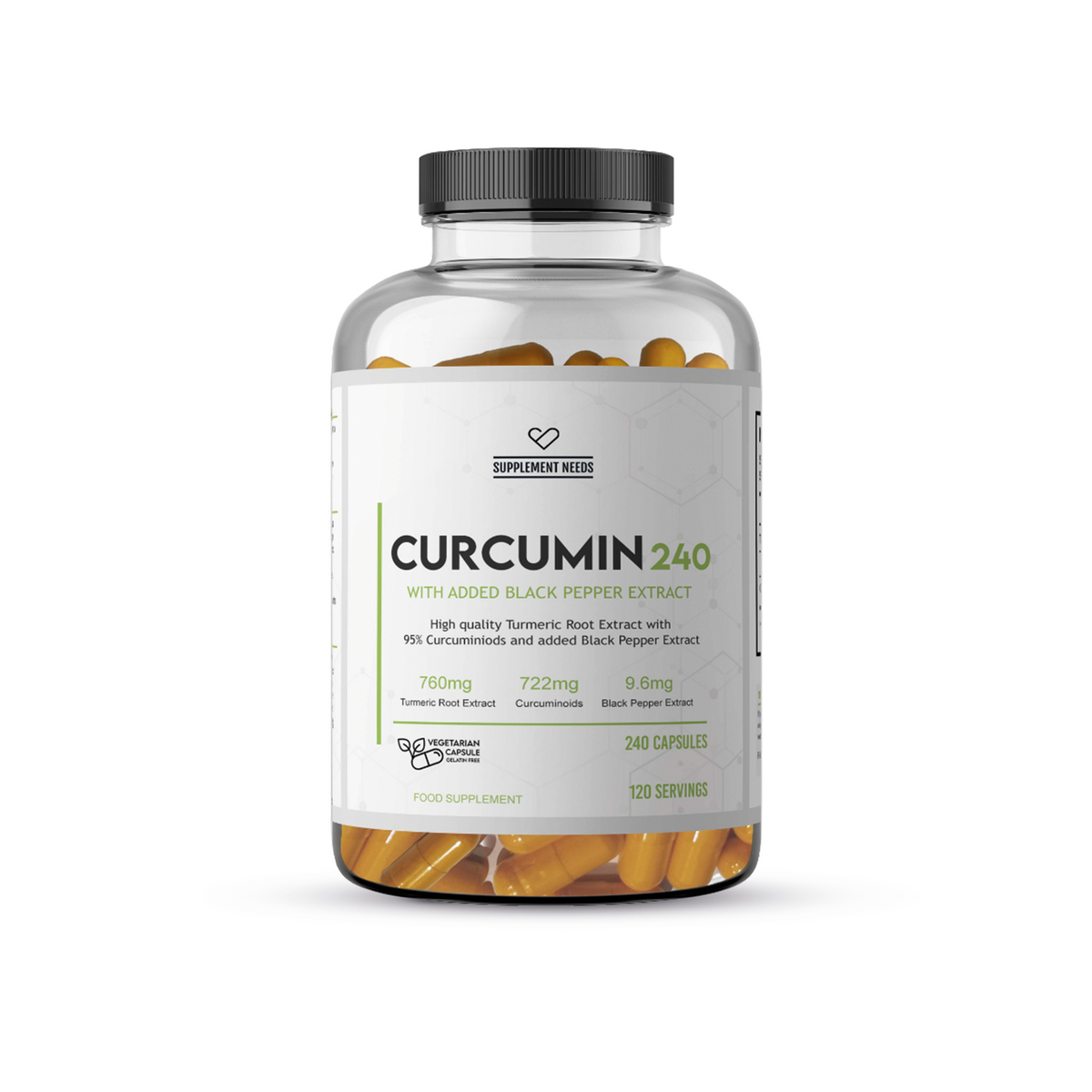Transparante pot Supplement Needs Curcumin met 240 oranje capsules, kurkumawortelextract en zwarte peperextract, op een witte achtergrond.