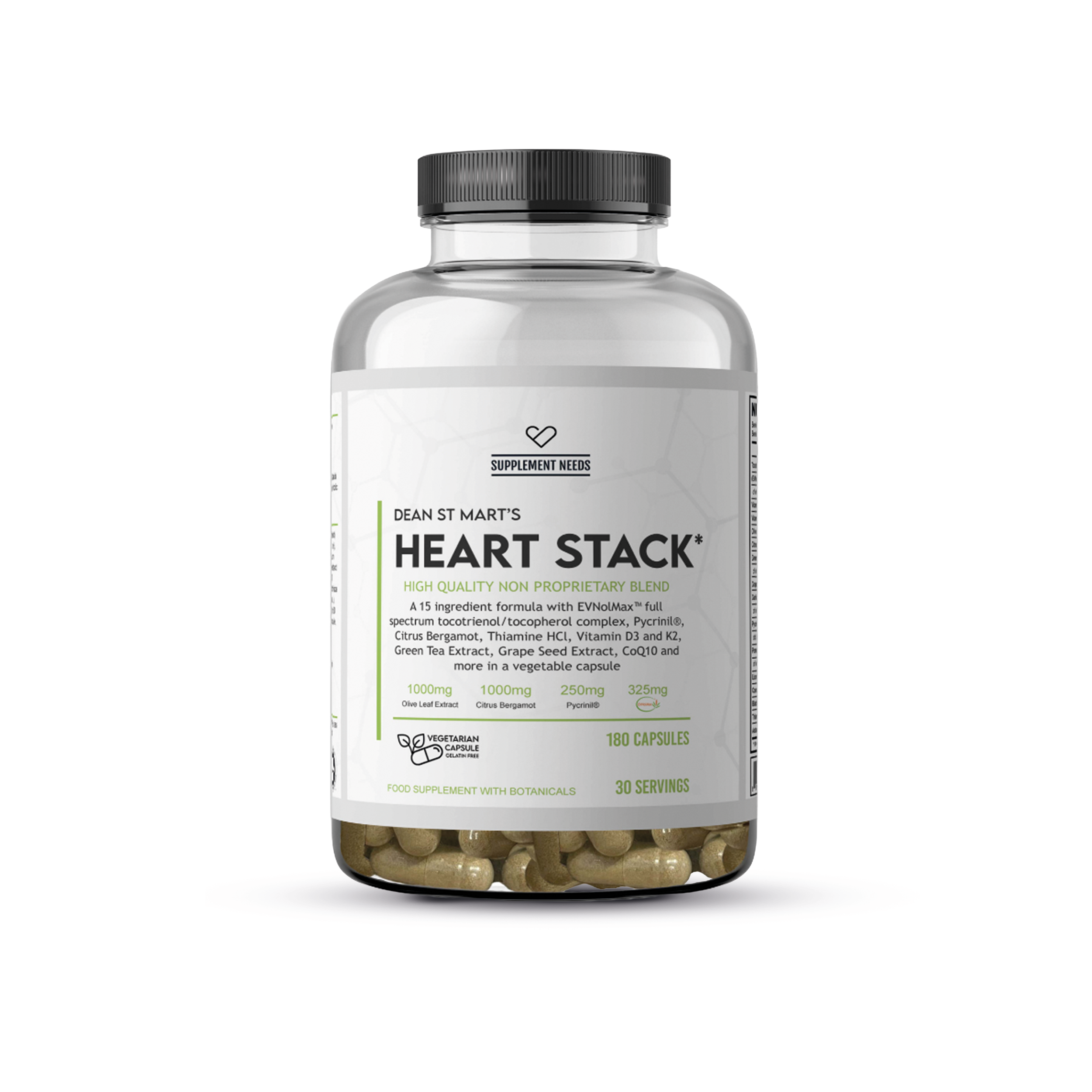 Pot Supplement Needs Heart Stack met 180 vegetarische capsules, witte label en zwarte dop, gefotografeerd op een witte achtergrond.
