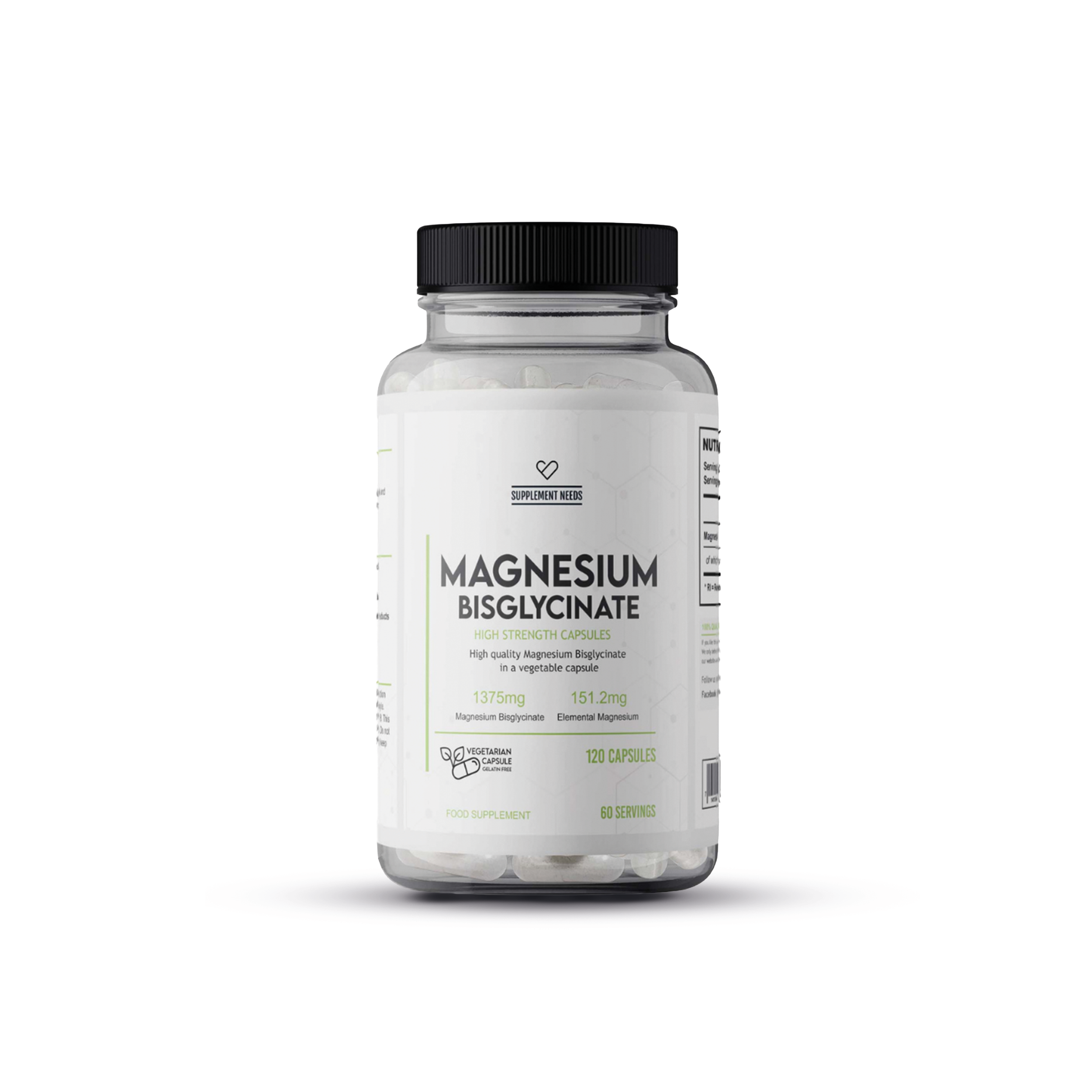 Supplement Needs Magnesium Bisglycinaat met 120 capsules in transparante pot met witte label