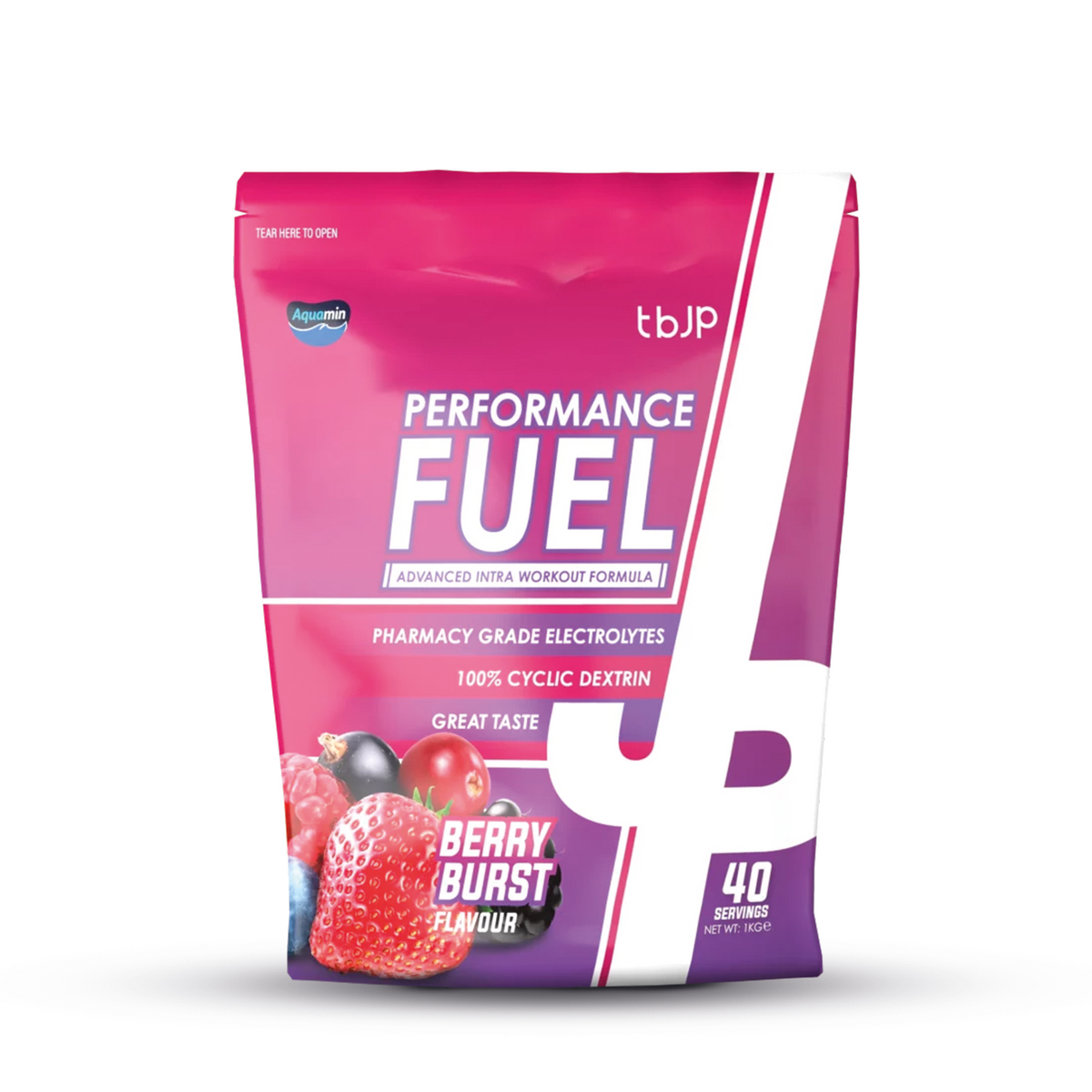 Verpakking van tbJP EAA Berry Burst met 100 servings, rijk aan essentiële aminozuren en ontworpen voor spiergroei en snelle opname.