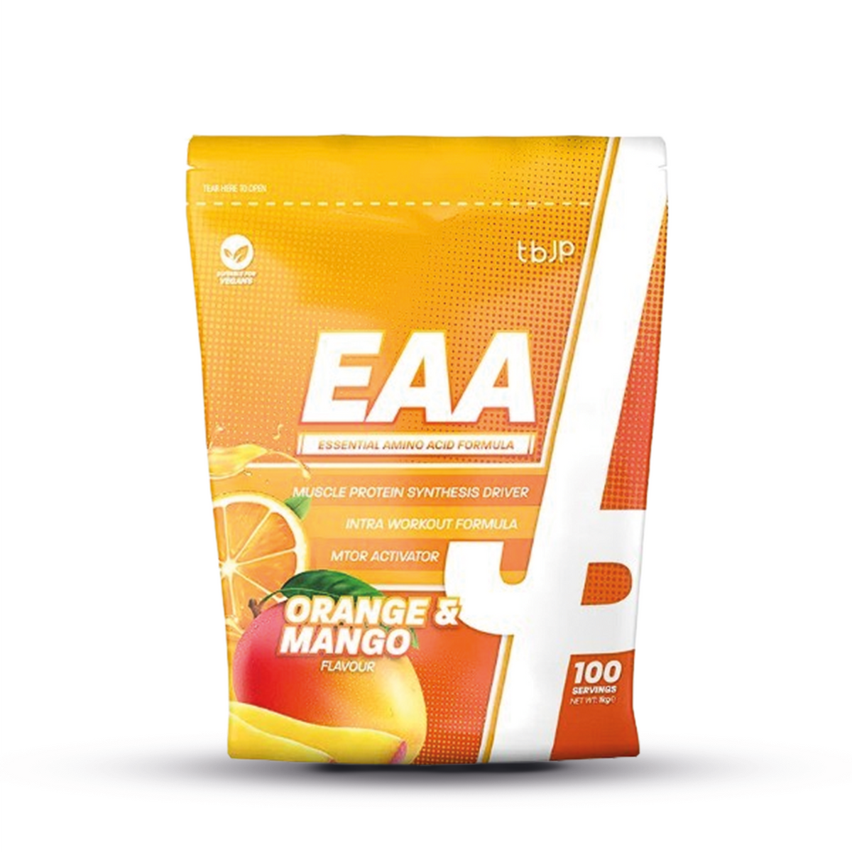 Verpakking van tbJP EAA Orange & Mango met 100 servings, een intra workout aminozuurformule voor spierherstel en eiwitsynthese.