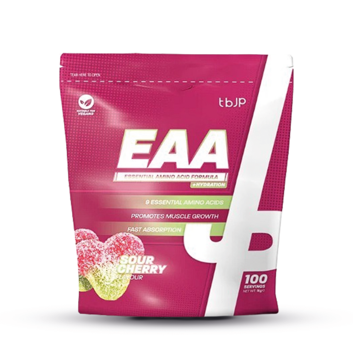 Verpakking van tbJP EAA Sour Cherry met 100 servings, rijk aan essentiële aminozuren en ontworpen voor spiergroei en snelle opname.