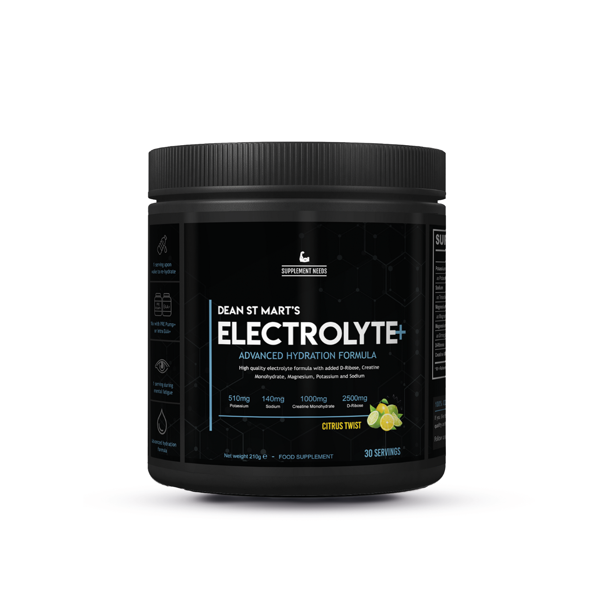 Supplement Needs Electrolyte+ Citrus Twist met 30 servings in zwarte pot met citroen-limoenafbeelding op label