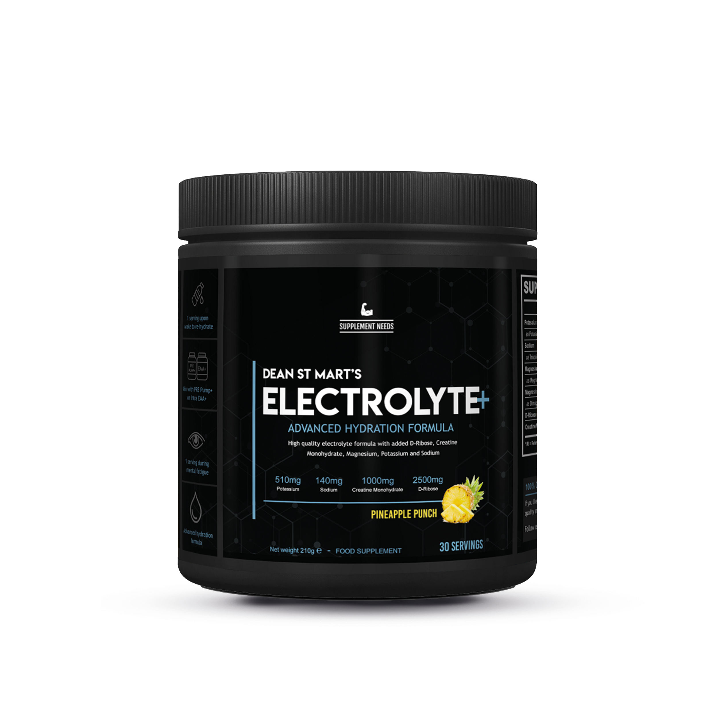 Supplement Needs Electrolyte+ Pineapple Punch met 30 servings in zwarte pot met ananasafbeelding op label