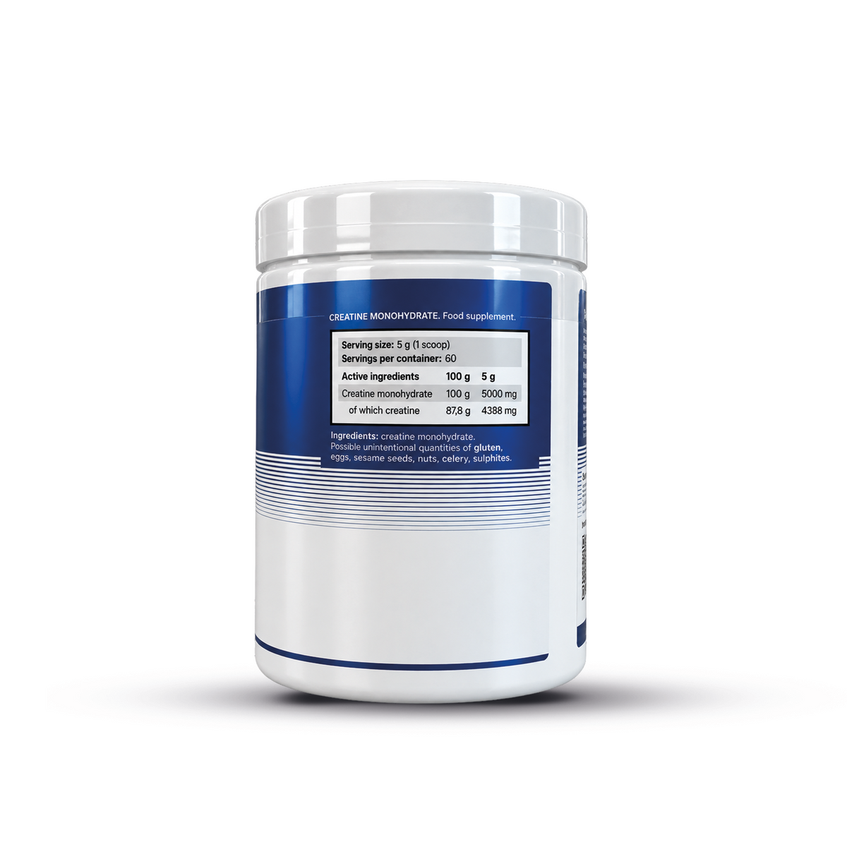 Achterkant van de INVEXIZ Creatine Monohydraat pot van 300 gram met voedingswaardentabel, ingrediënten en allergeneninformatie.