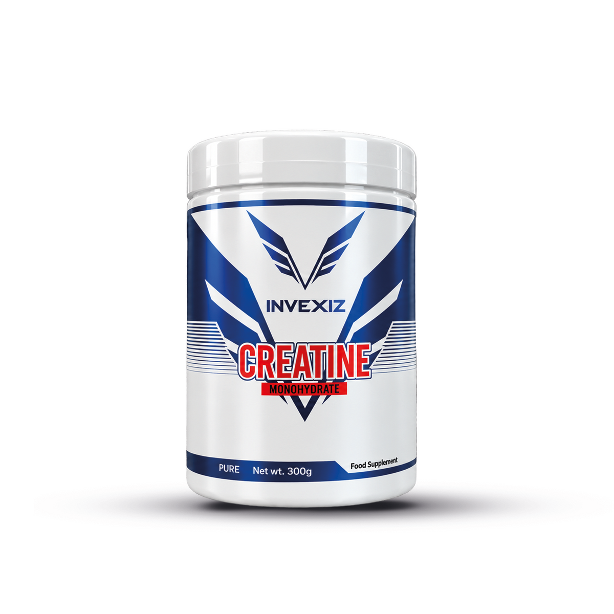 Achterkant van de witte INVEXIZ L-Glutamine pot van 300 gram met ingrediëntenoverzicht, dosering en allergeneninformatie.