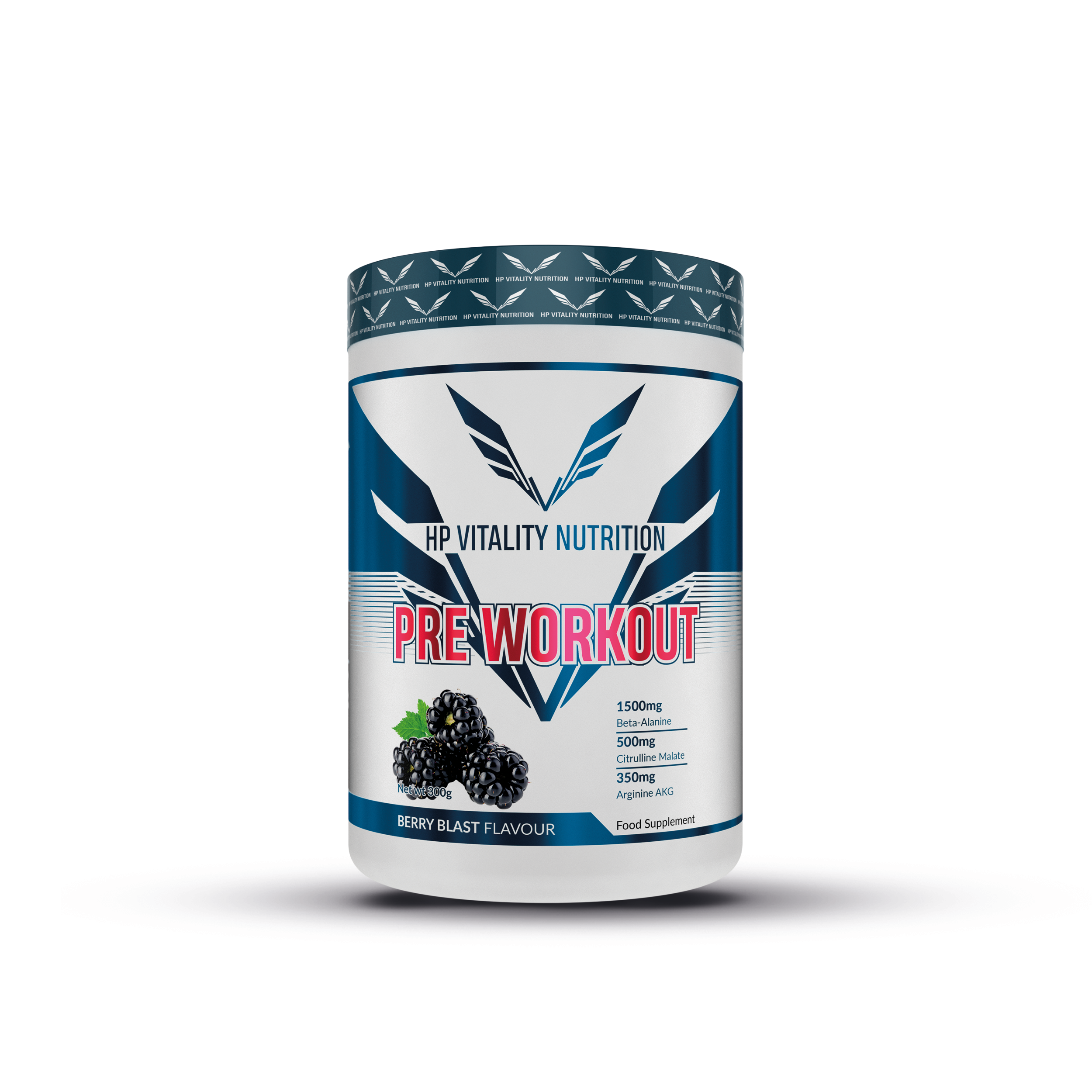 INVEXIZ Pre Workout Berry Blast supplement van 300 gram met bramenafbeelding op de verpakking.