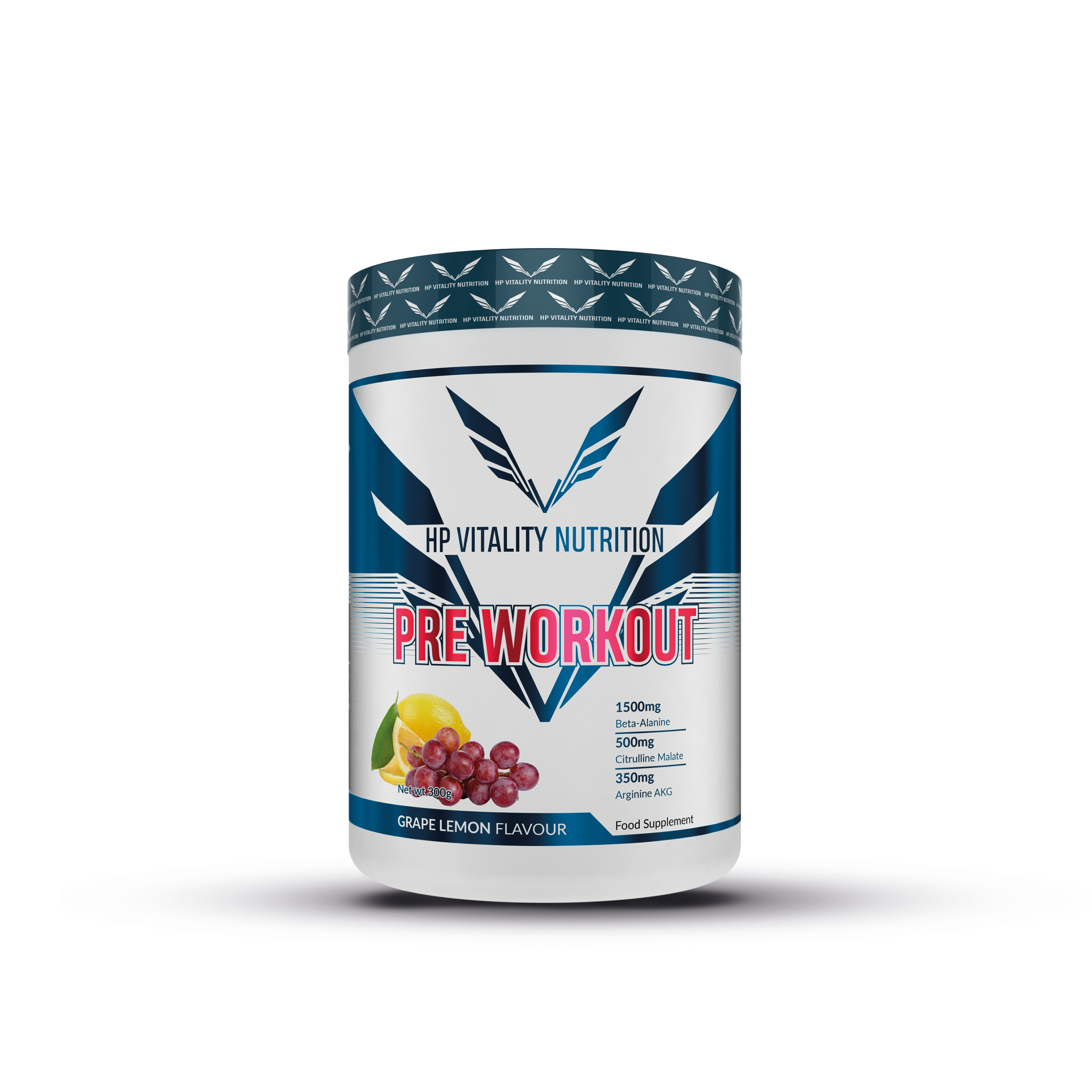 INVEXIZ Pre Workout Grape Lemon supplement van 300 gram met druiven- en citroenafbeelding op de verpakking.