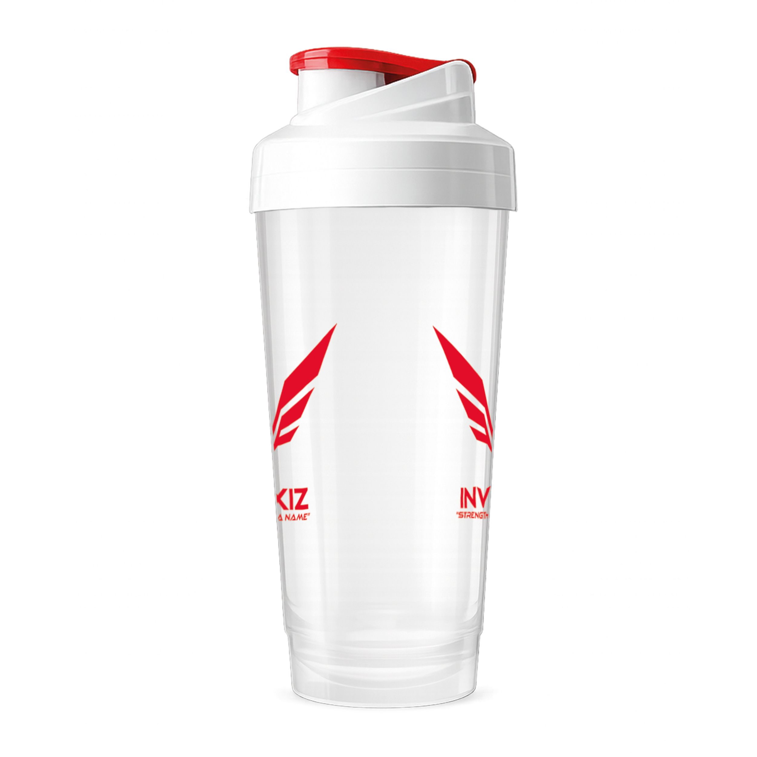 Transparante INVEXIZ shaker met rood logo en witte dop op lichte achtergrond, zijkant weergegeven.