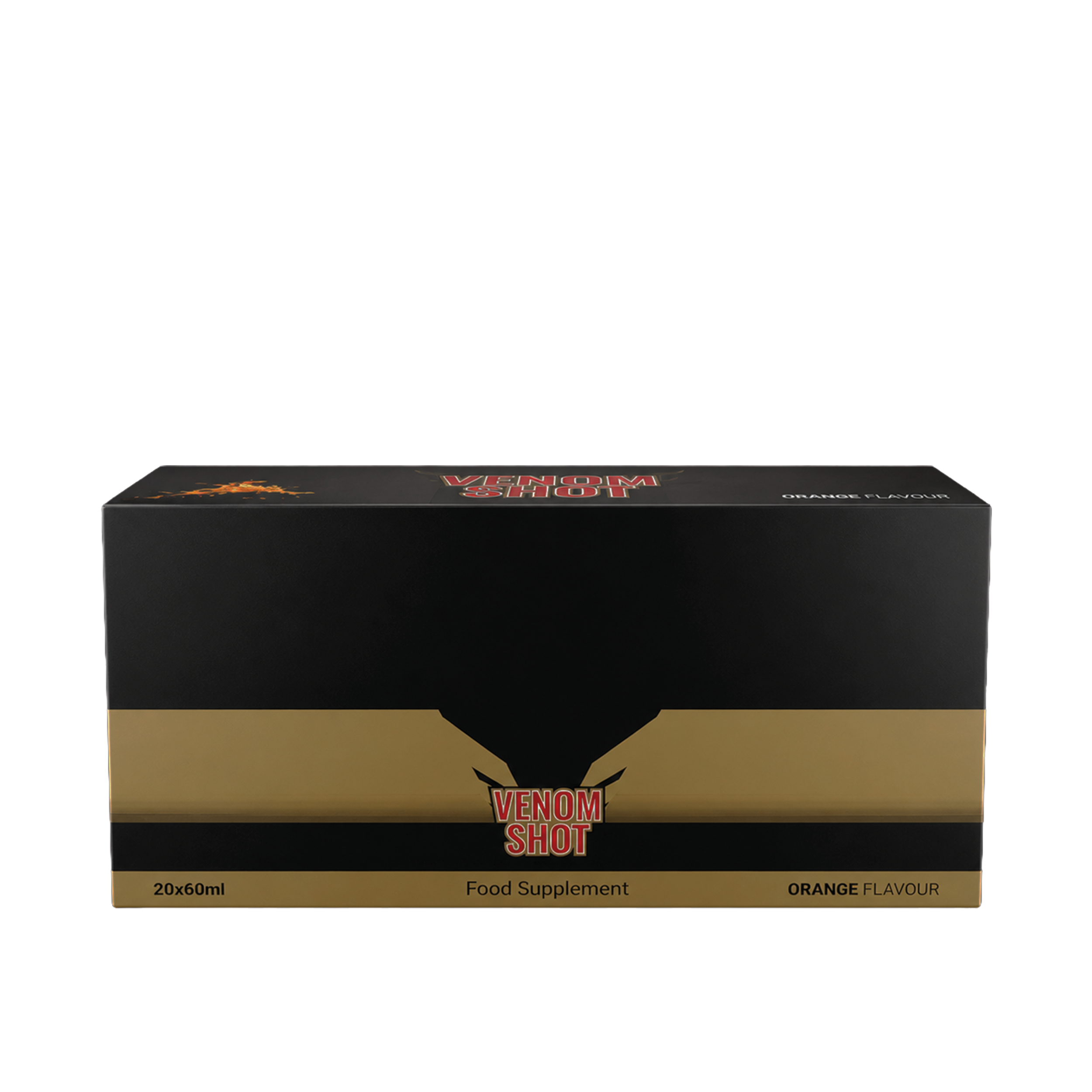 Gesloten doos van INVEXIZ Venom Shot Orange Flavour met 20x60ml pre-workout shots in zwarte en gouden verpakking.