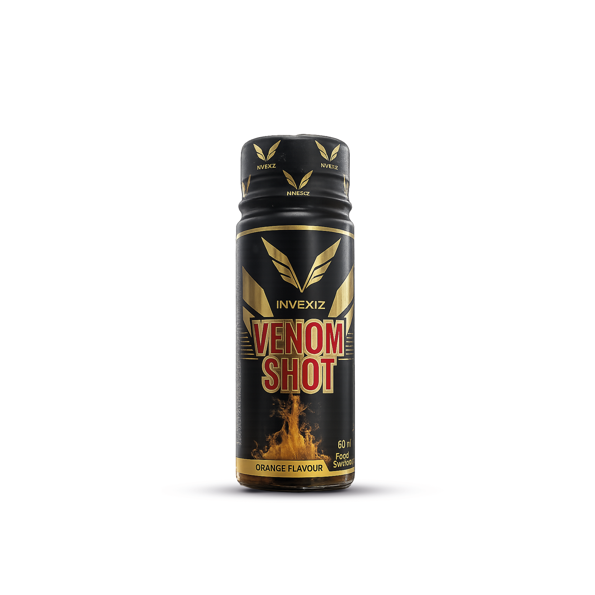 INVEXIZ Venom Shot Orange Flavour pre-workout shot van 60ml in zwarte en gouden verpakking op lichte achtergrond.