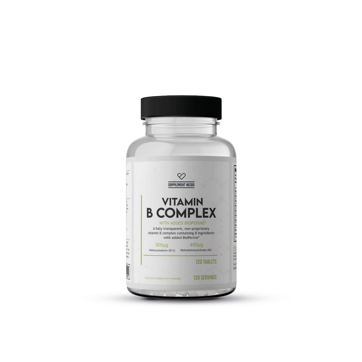 Supplement Needs Advanced Vitamin B Complex verpakking met 120 tabletten.