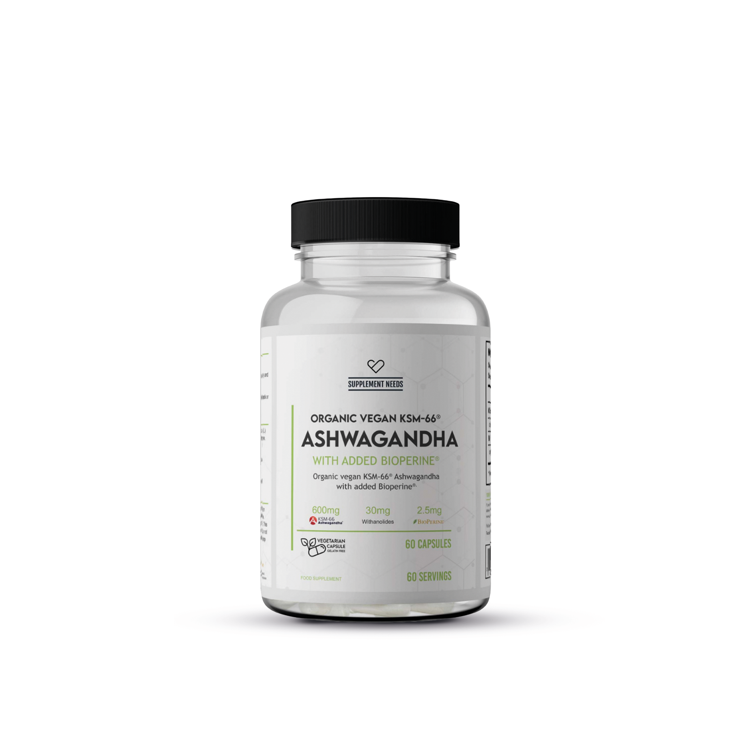 Supplement Needs Ashwagandha KSM-66 met Bioperine, 60 capsules in pot met witte label