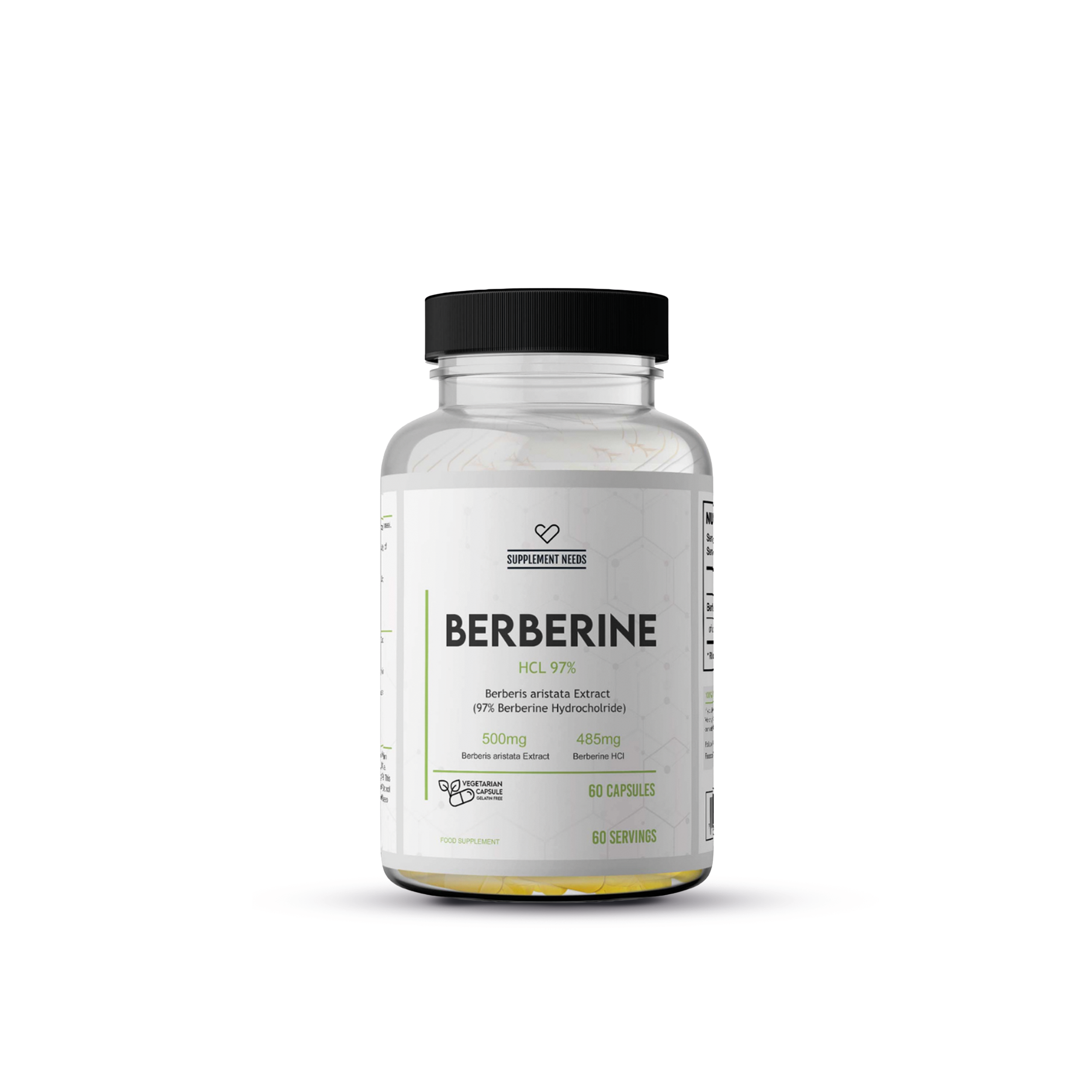 Supplement Needs Berberine HCL 97% met 60 capsules in transparante pot
