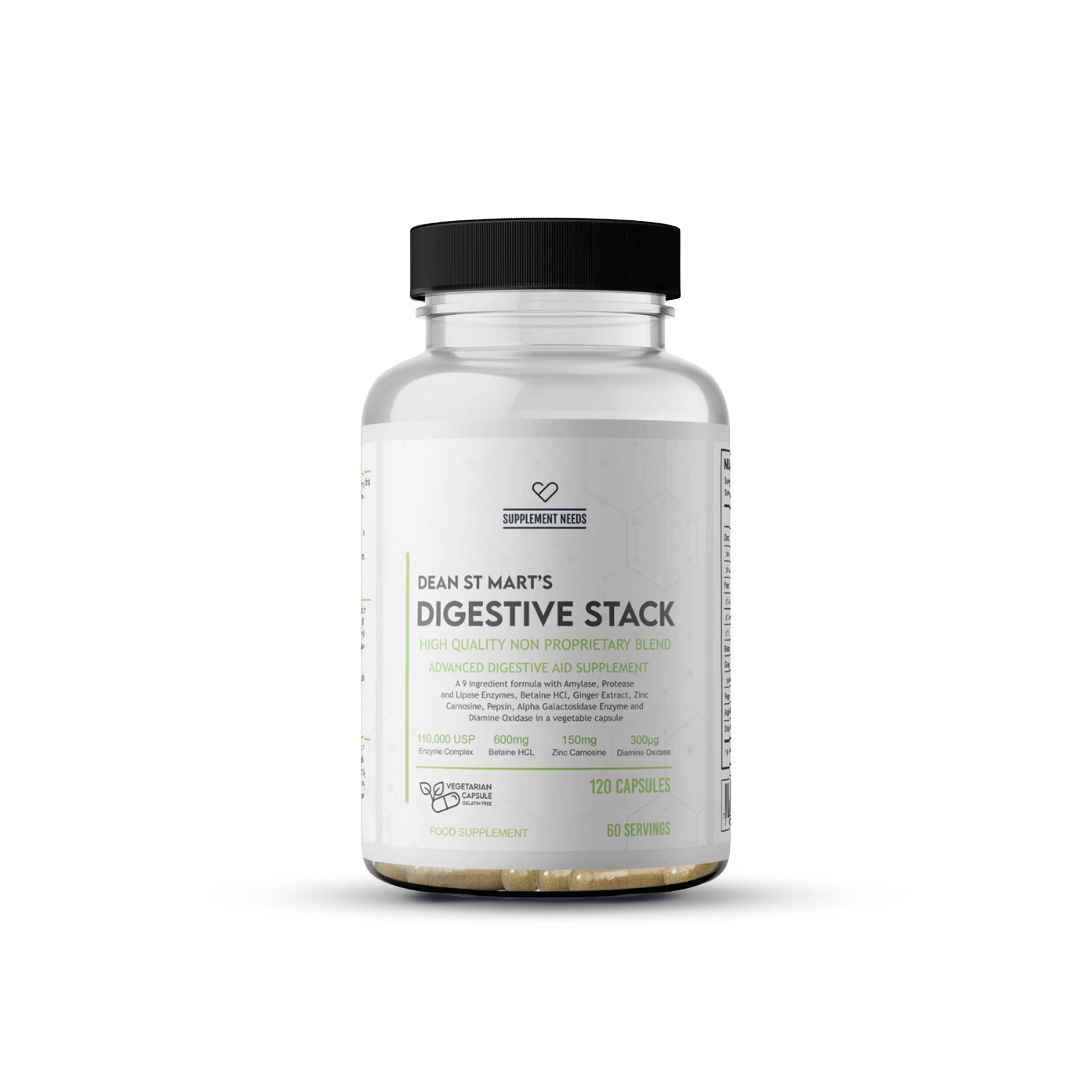 Supplement Needs Digestive Stack met 120 capsules in pot met witte label en zwarte dop