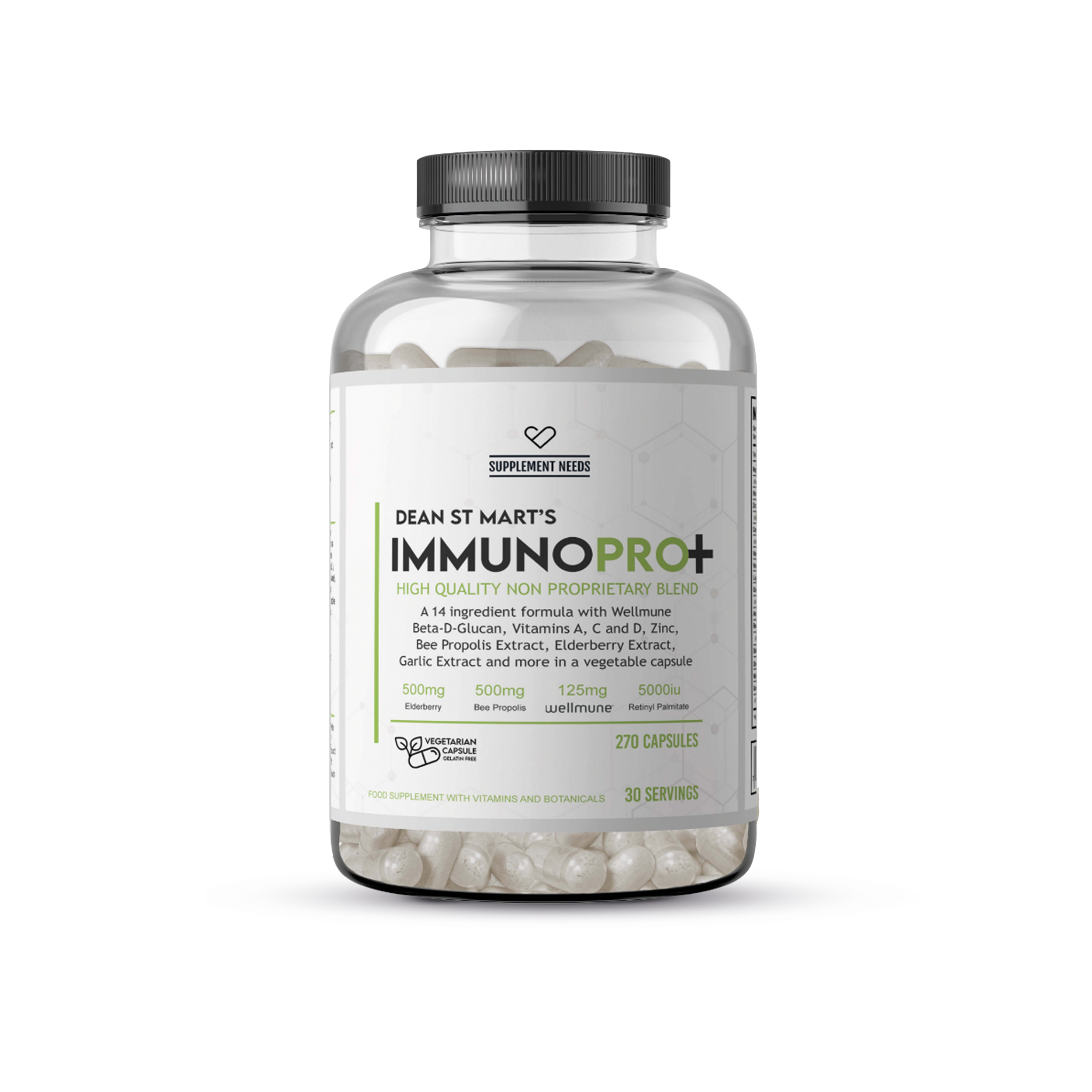 Pot Supplement Needs ImmunoPro+ met witte label, groene accenten en 270 witte capsules zichtbaar.