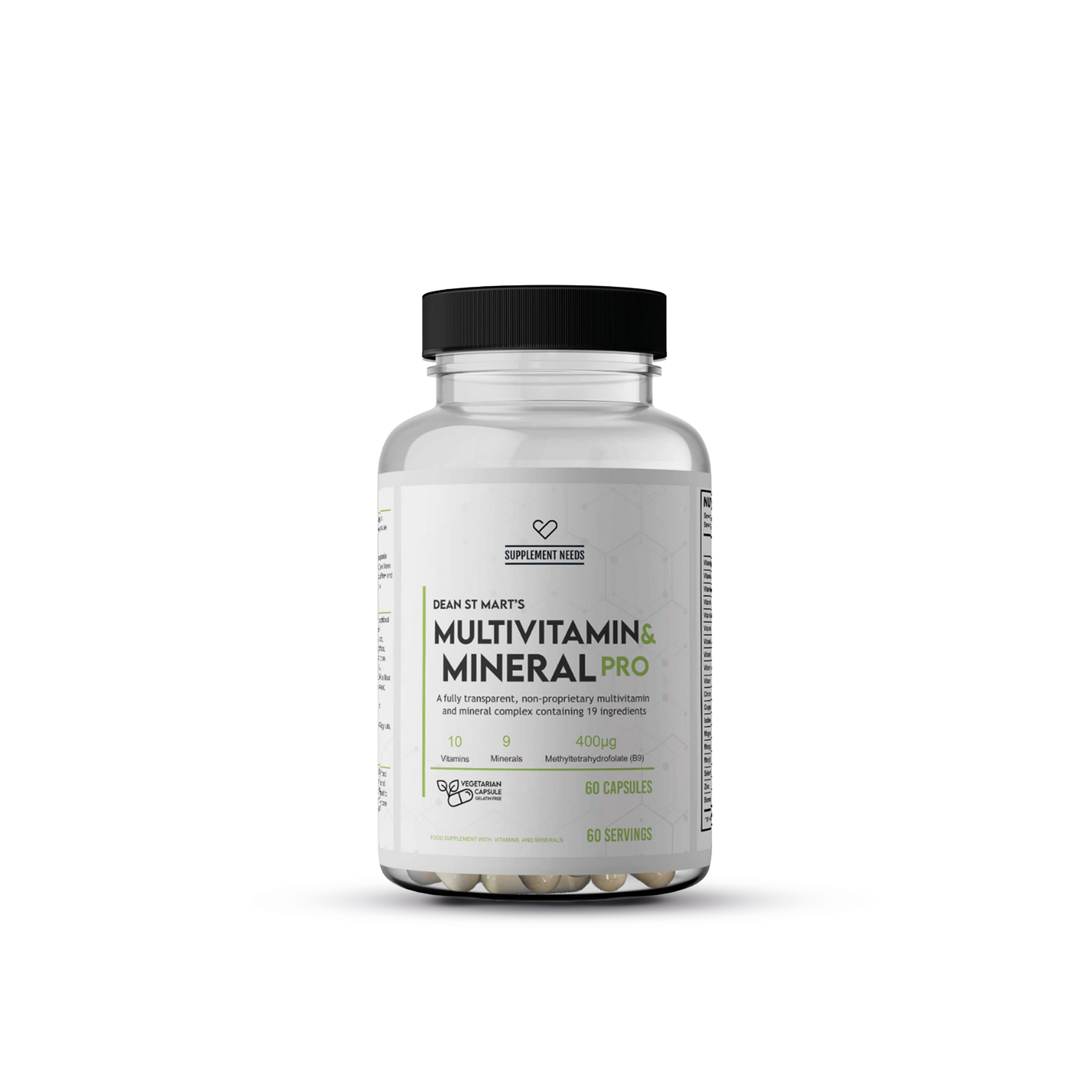 Pot Supplement Needs Multivitamin & Mineral Pro met witte label, zwarte dop en 60 witte capsules zichtbaar.