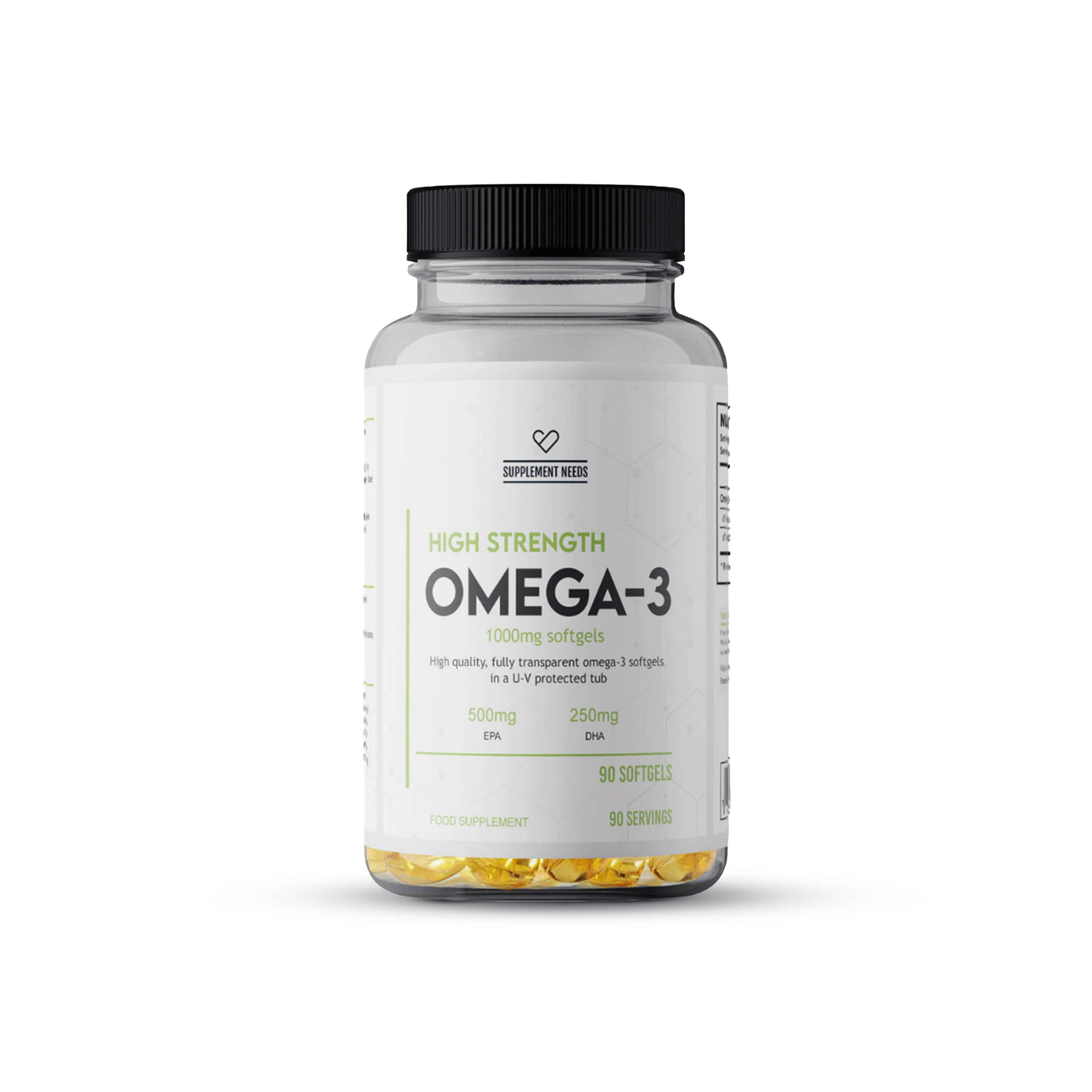 Pot Supplement Needs Omega-3 met 90 transparante softgels, witte label en zwarte dop, gefotografeerd op een witte achtergrond.