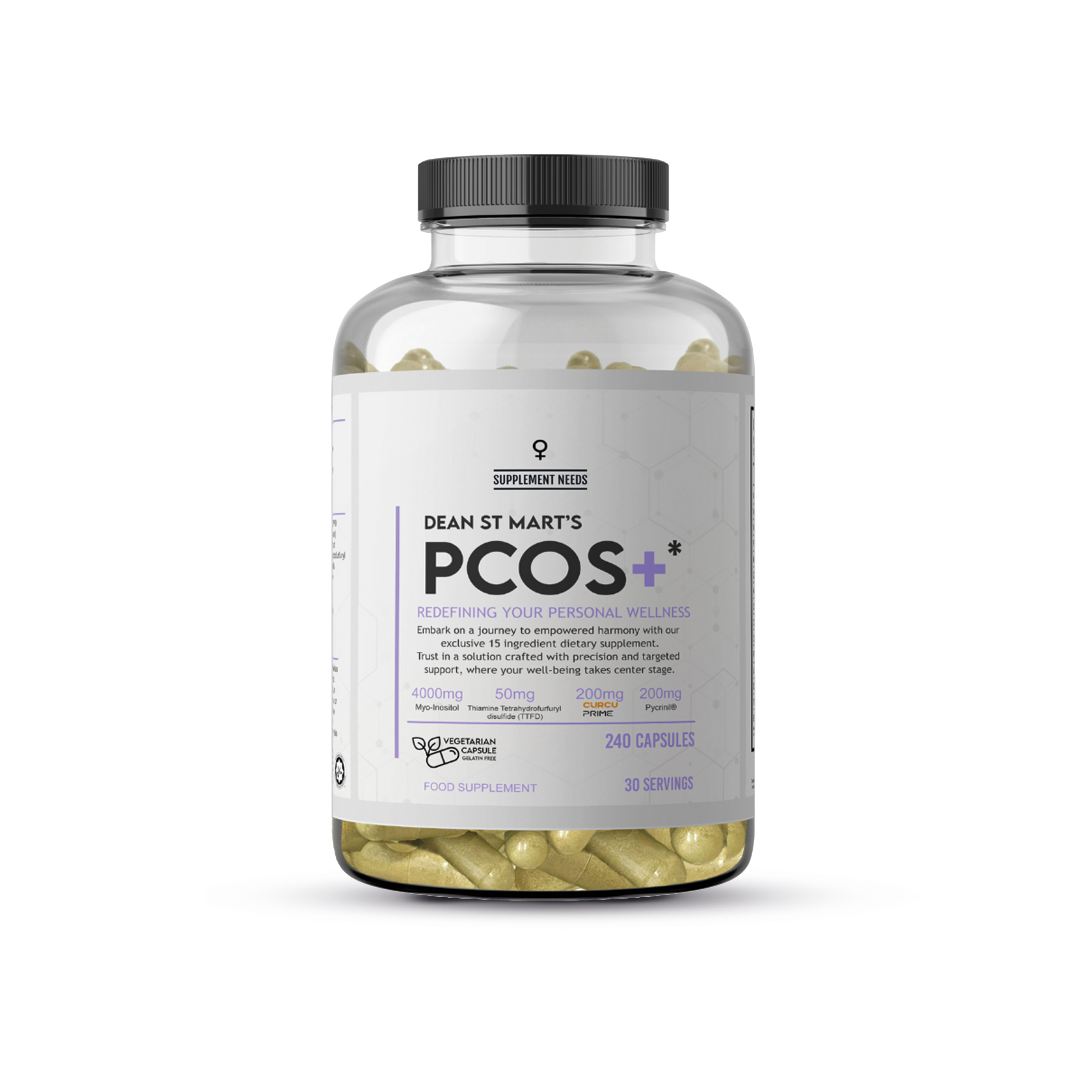 Transparante pot Supplement Needs PCOS+ met 240 capsules en wit-paars etiket gericht op vrouwelijke hormoonbalans