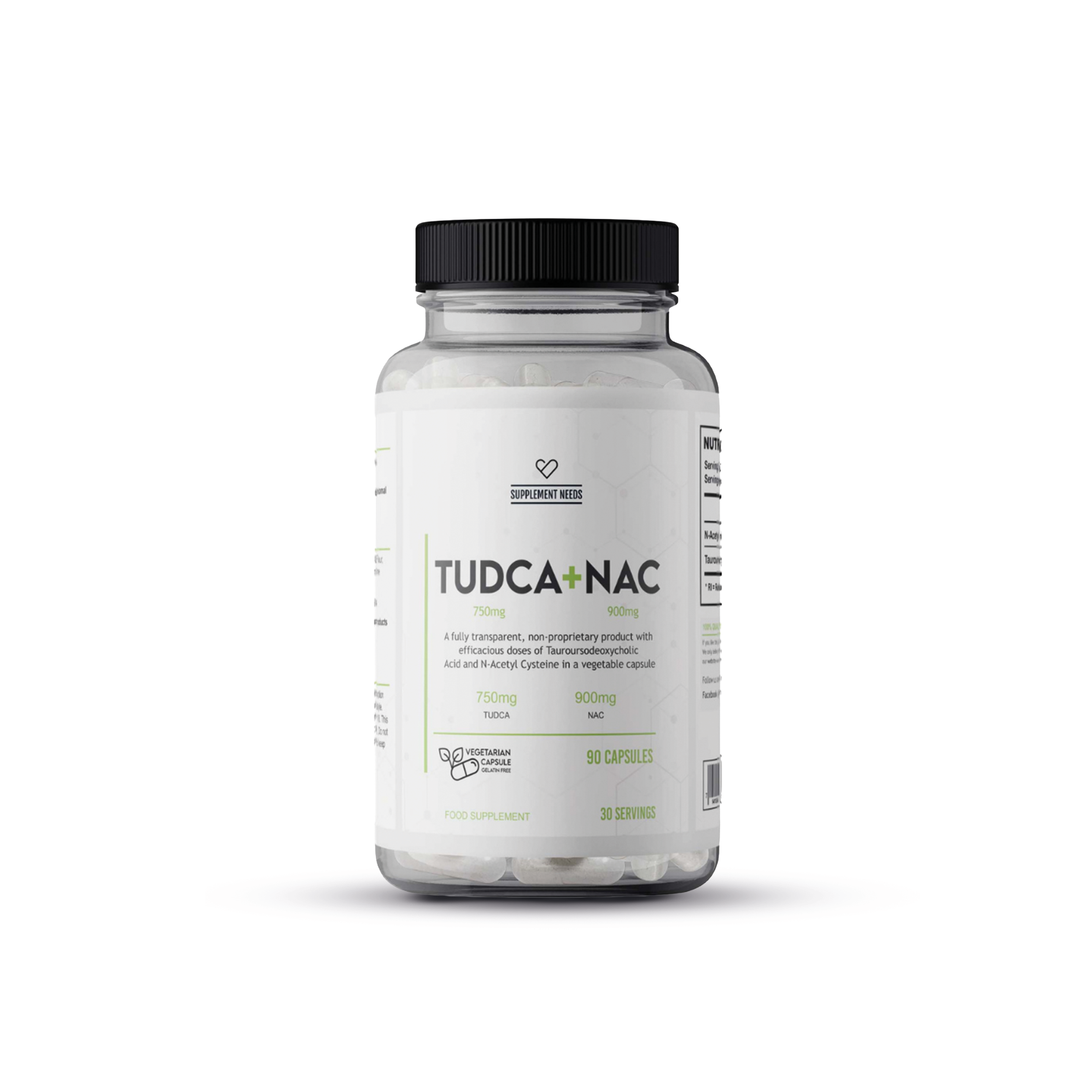 Supplement Needs TUDCA + NAC met 90 capsules in transparante pot met witte label