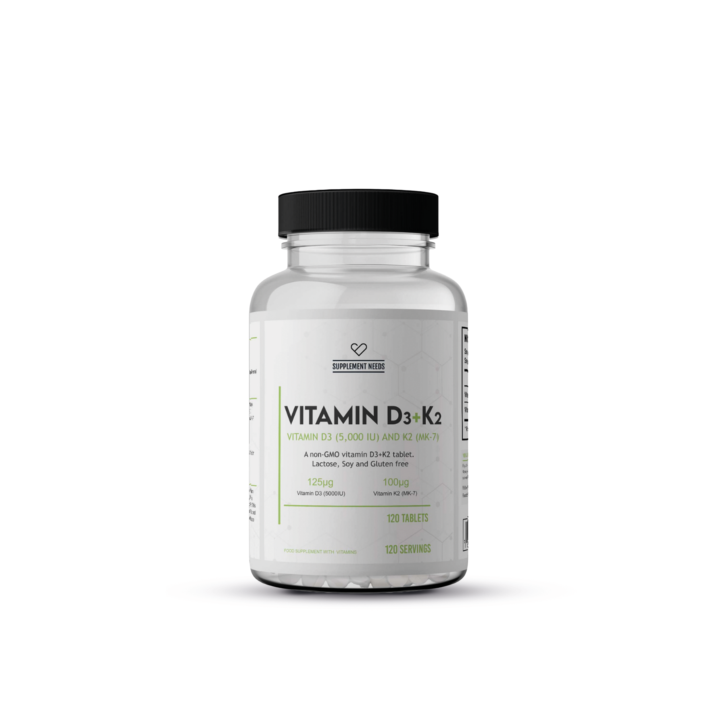 Pot Supplement Needs Vitamin D3 + K2 met witte label, zwarte dop en 120 witte tabletten zichtbaar.