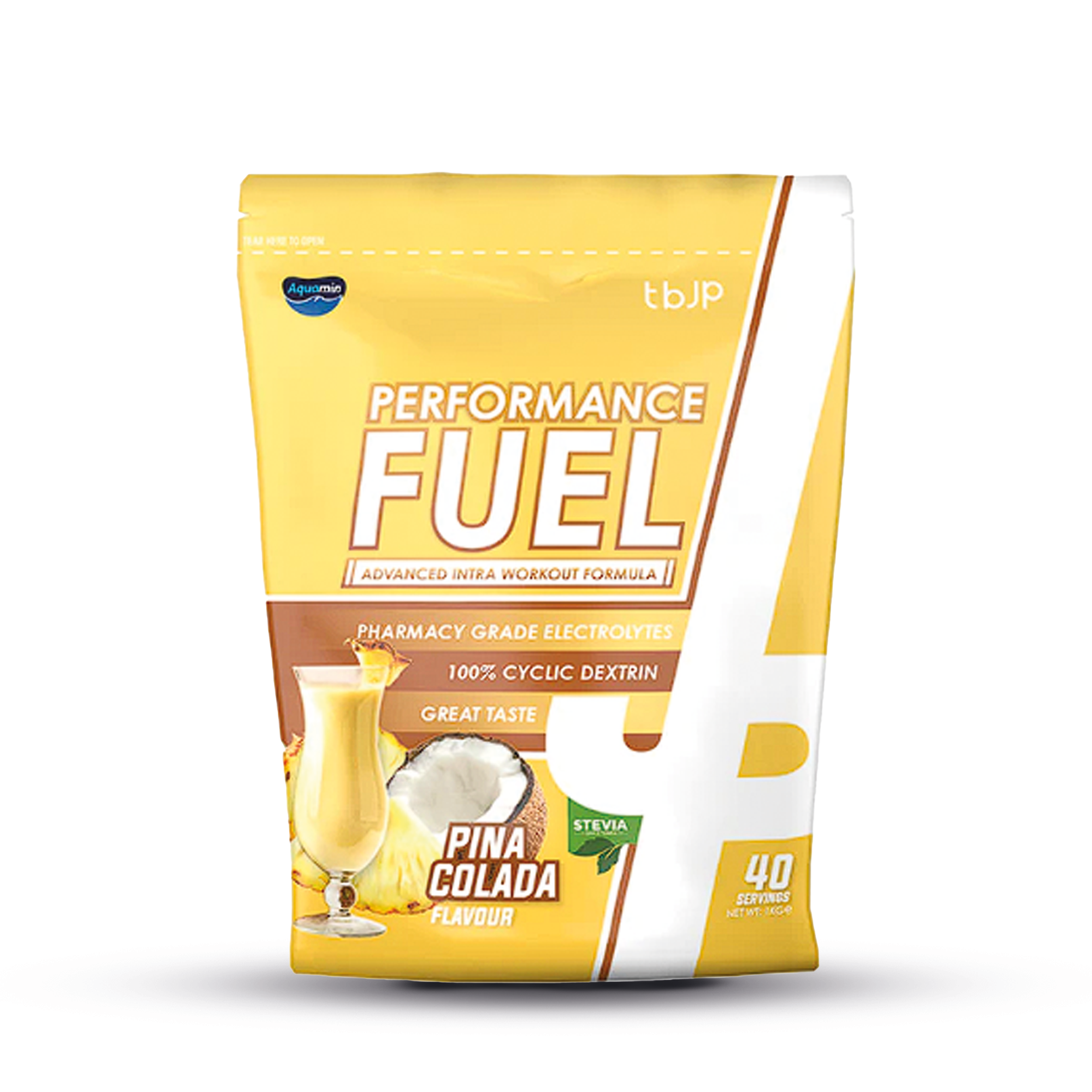 tbJP Performance Fuel zak met pina colada flavour, 40 servings, gele-witte verpakking met glas en kokosnoot