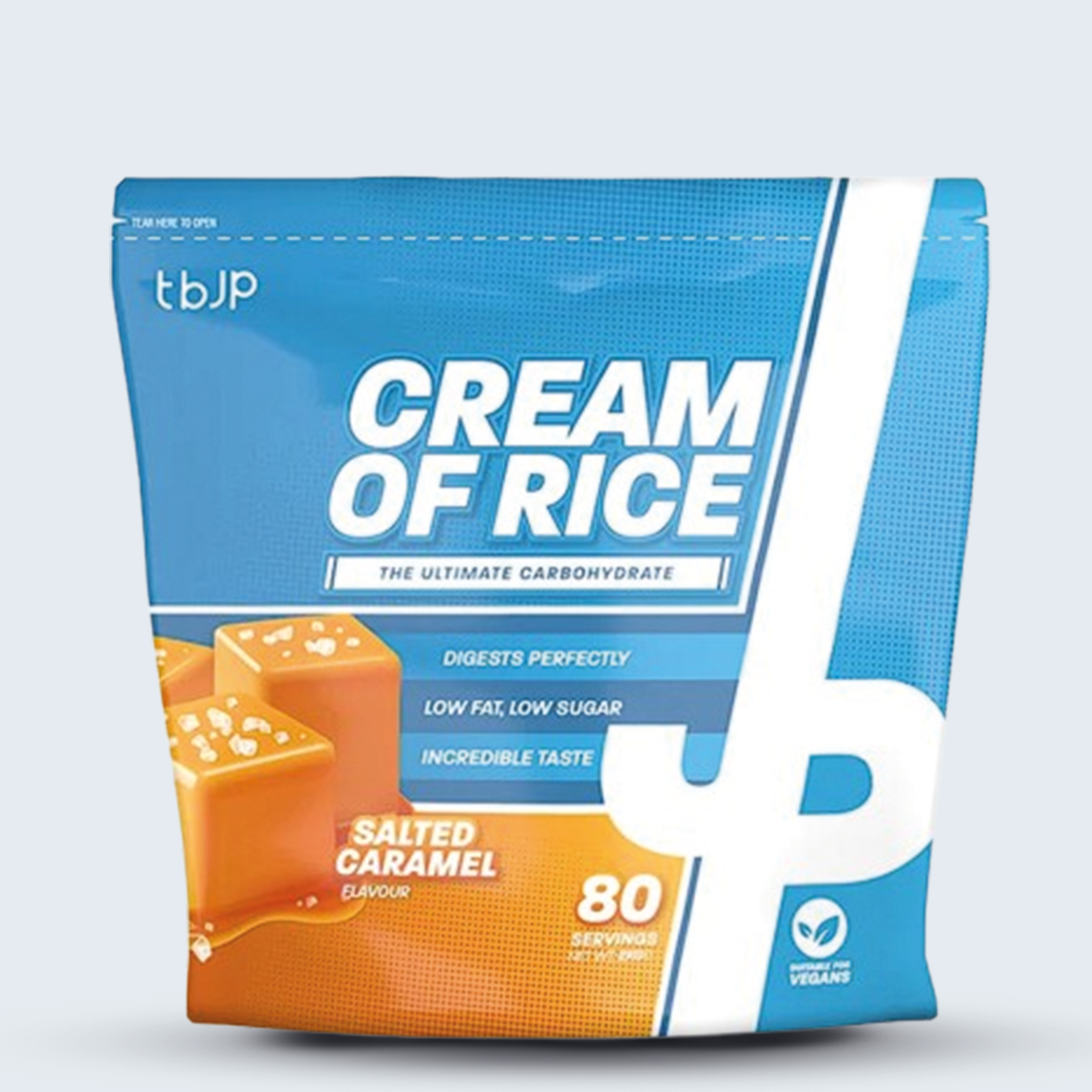 Verpakking van tbJP Cream of Rice in de smaak Salted Caramel met 80 servings, een licht verteerbare koolhydraatbron voor sporters.