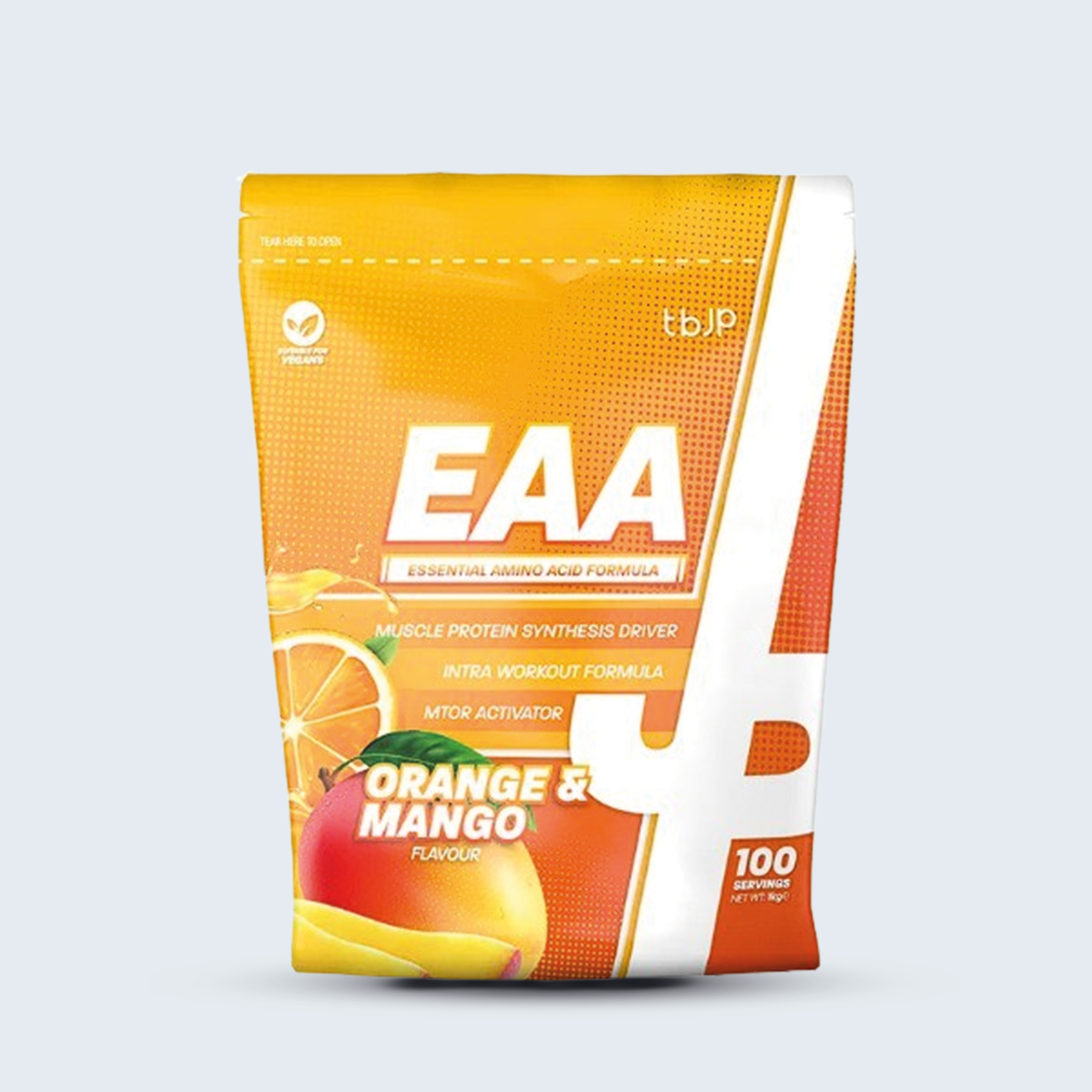 Verpakking van tbJP EAA Orange & Mango met 100 servings, een intra workout aminozuurformule voor spierherstel en eiwitsynthese.