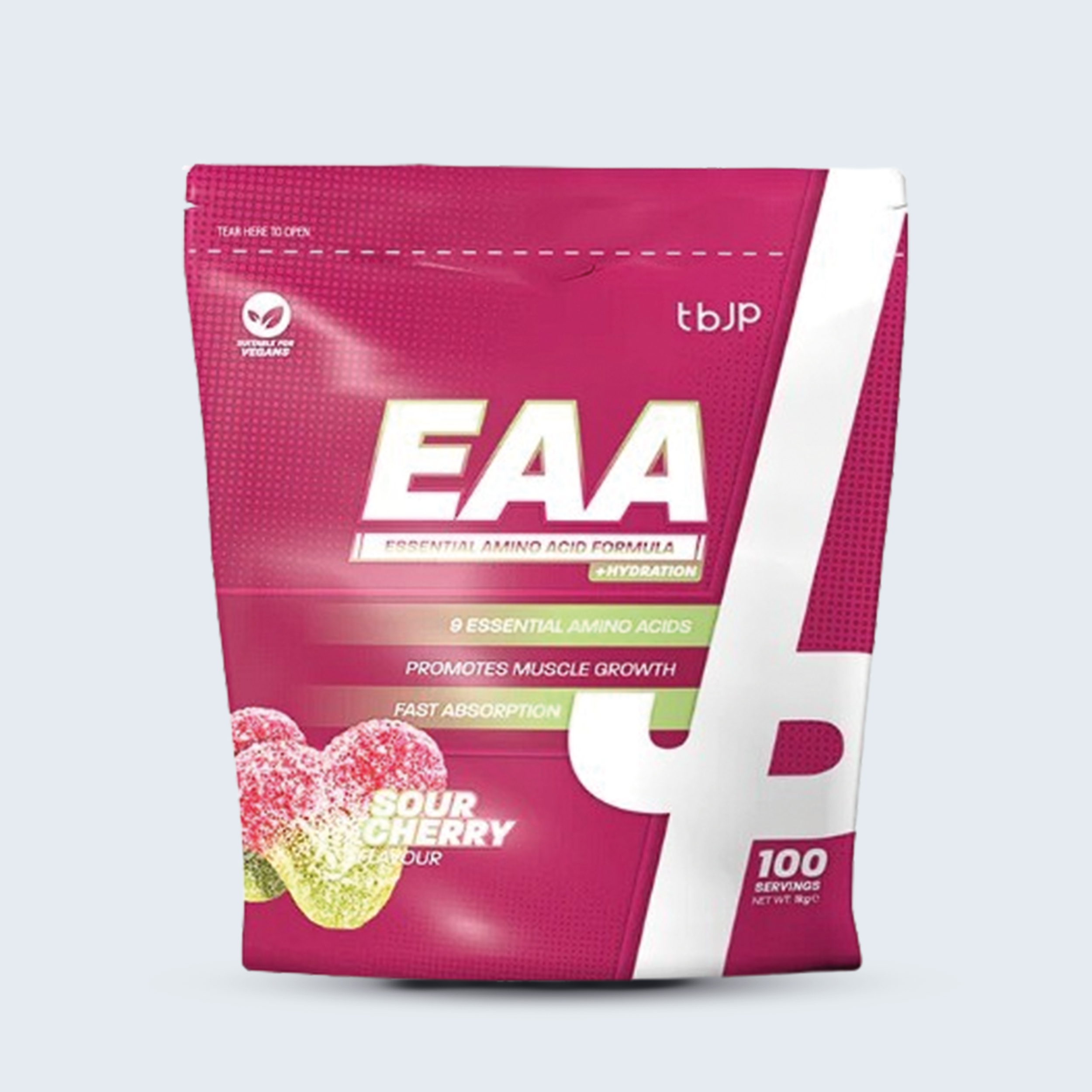 Verpakking van tbJP EAA Sour Cherry met 100 servings, rijk aan essentiële aminozuren en ontworpen voor spiergroei en snelle opname.