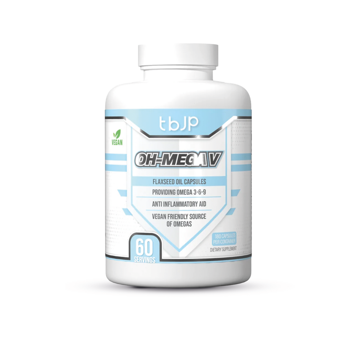 Witte pot tbJP OH-MEGA V lijnzaadolie met omega 3-6-9 en 180 capsules.