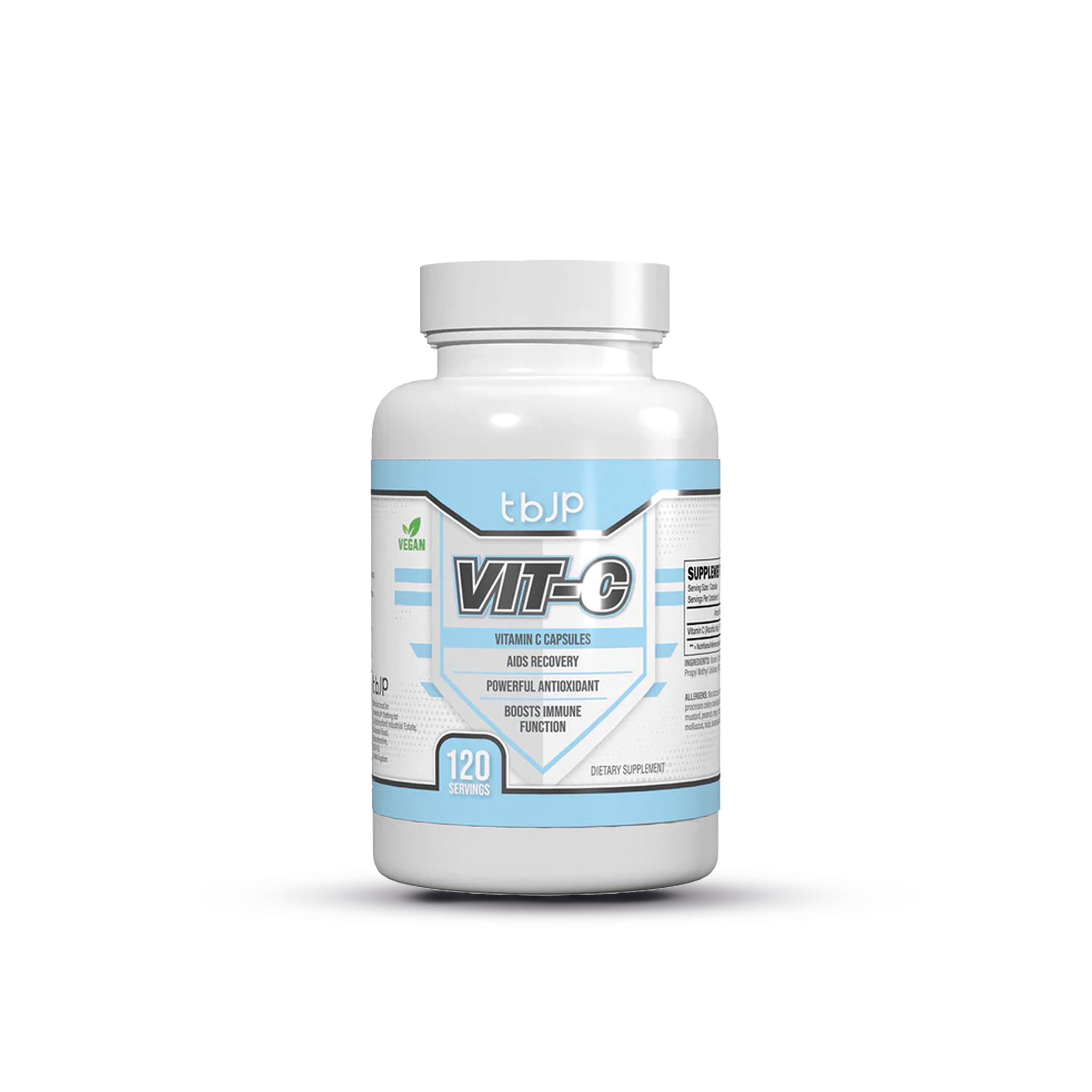 Witte pot tbJP VIT-C met blauw-wit etiket met 120 capsules ter ondersteuning van herstel en immuunfunctie